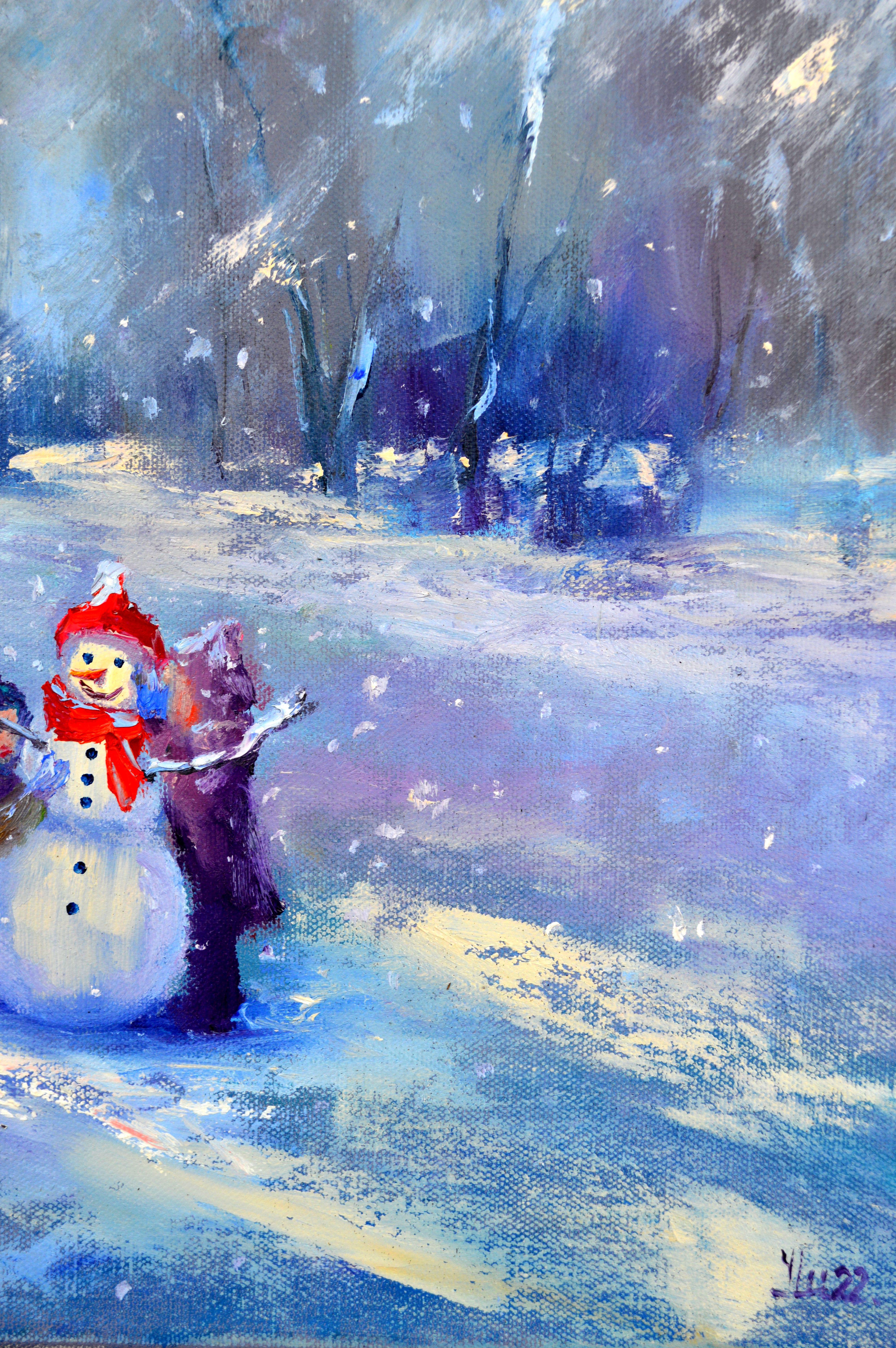 Snowy winter. Children make a snowman For Sale 6