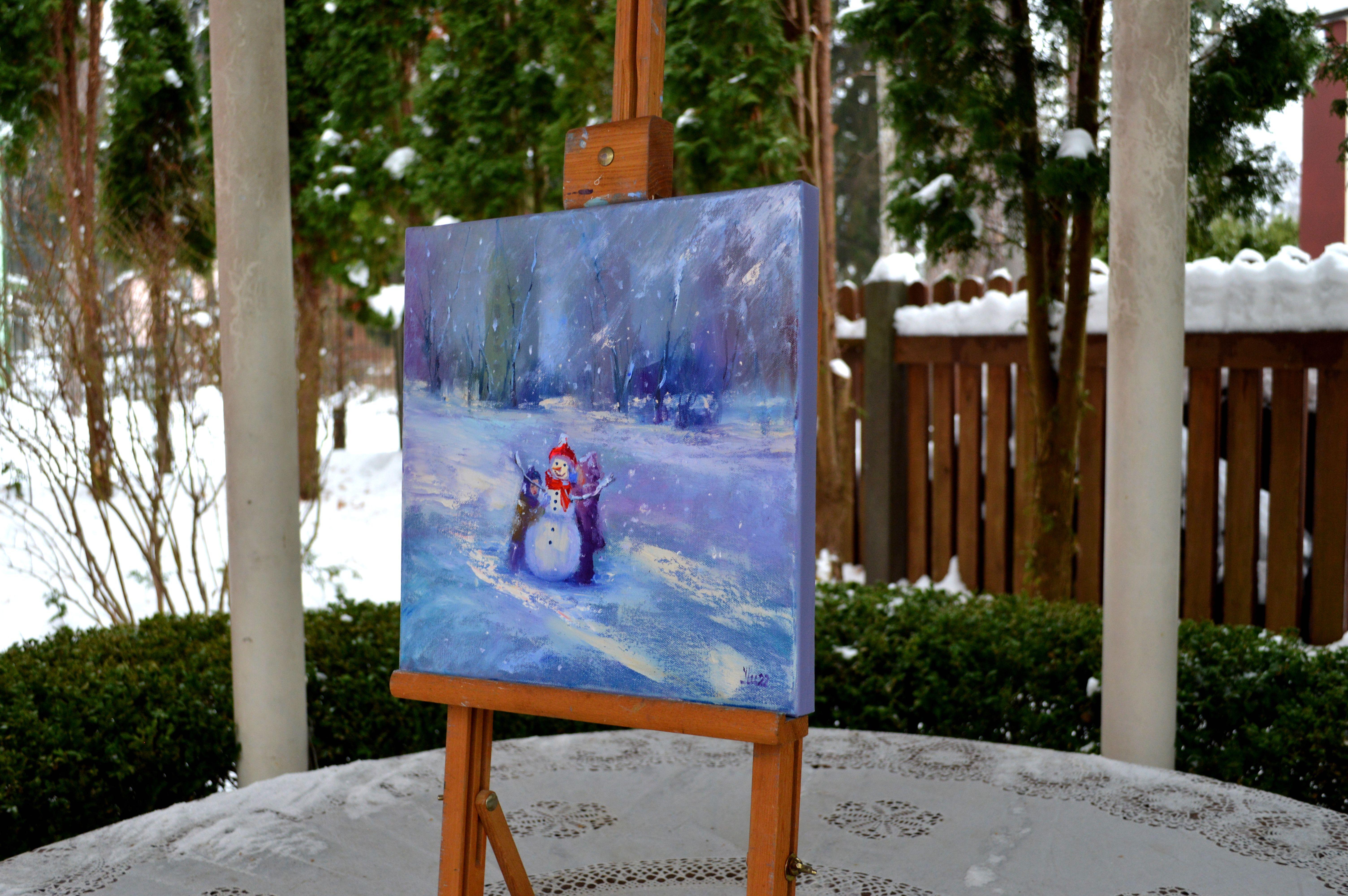 In this oil painting, I've captured a whimsical winter moment filled with joy and serenity. The snowman, graced with a cheerful smile, stands as a symbol of the simple pleasures and playful spirit of the season. The expressionistic brushstrokes and