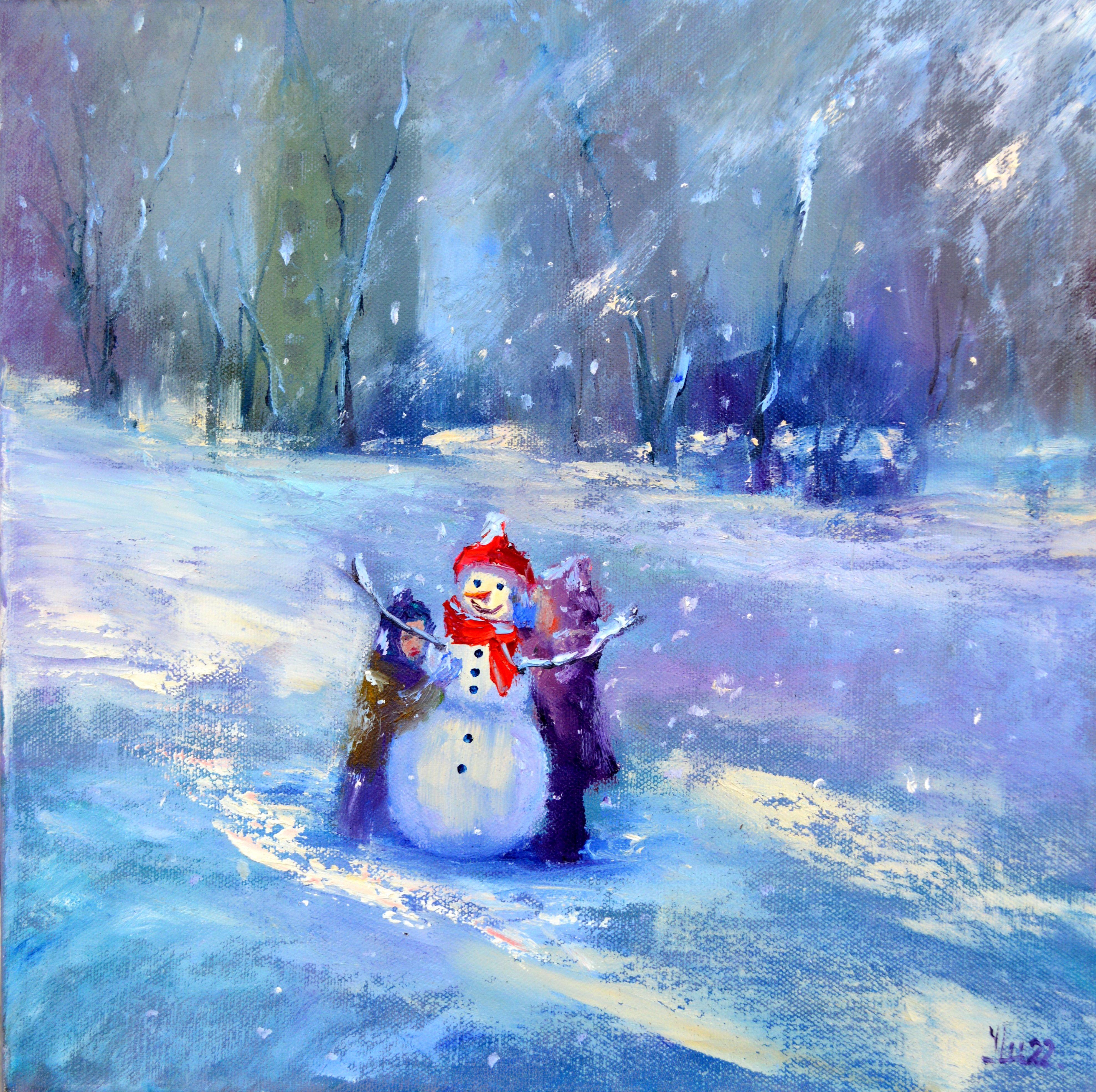 Elena Lukina Landscape Painting - Snowy winter. Children make a snowman
