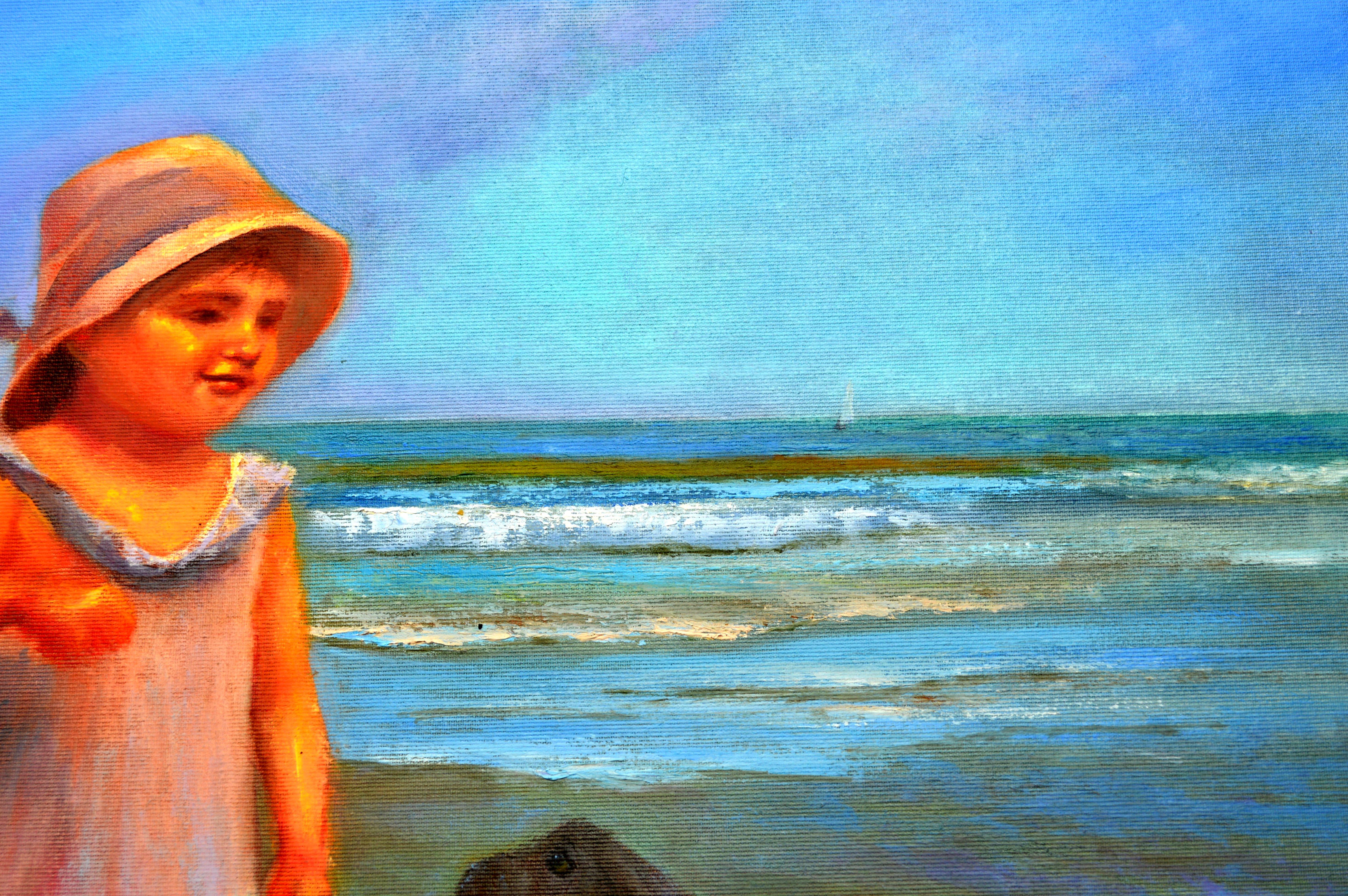 In questo dipinto dal cuore sincero, ho catturato la pura gioia e la curiosità di una giovane ragazza al mare, con il suo fidato compagno canino al suo fianco. Attraverso olii vibranti, abbraccio il gioco della luce del sole sull'acqua, i cui