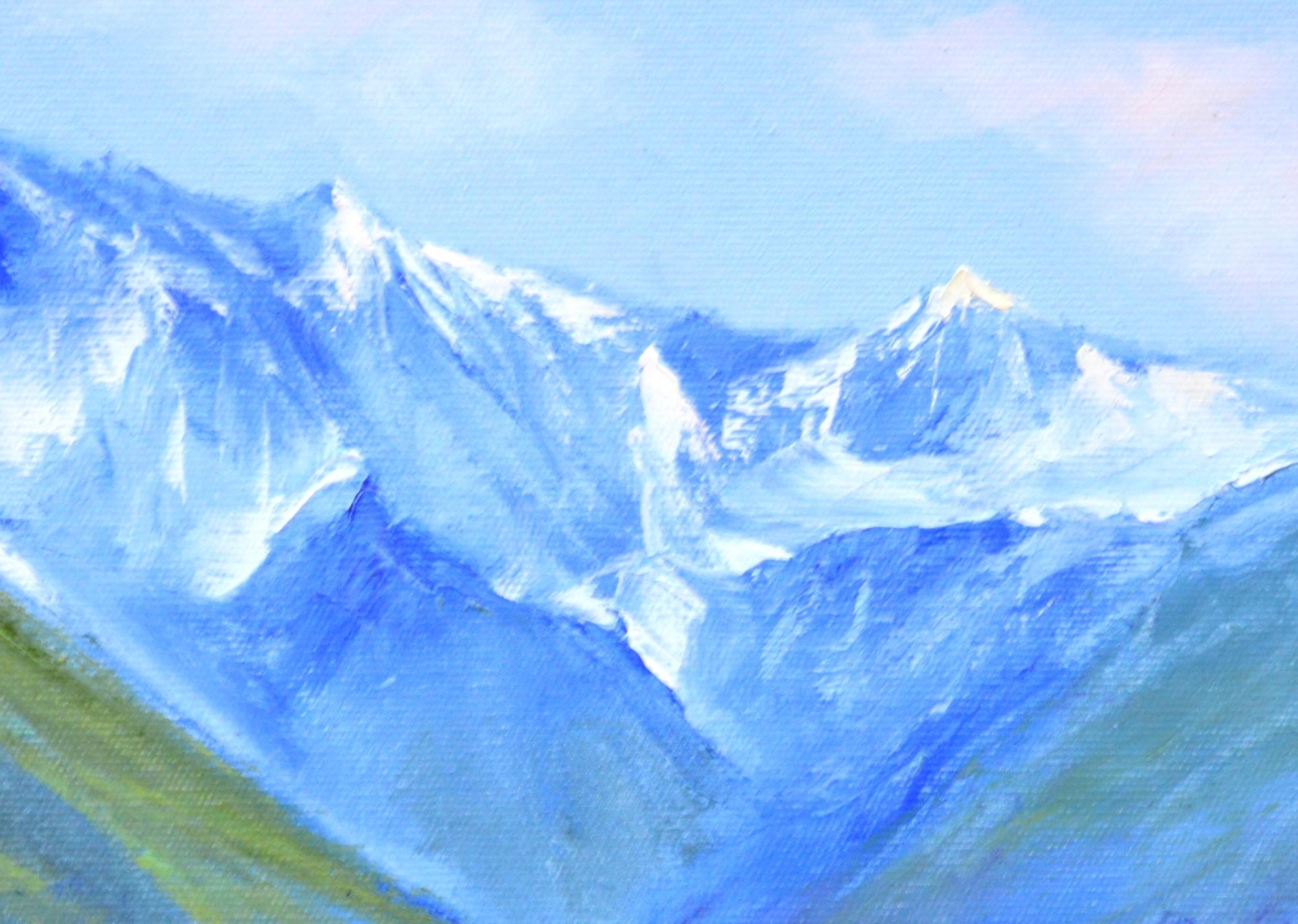 As the artist, I poured my soul into this creation, blending the vivid hues of nature with impassioned brushstrokes to encapsulate the serene yet wild spirit of the landscape. The mountains stand majestic, their peaks touched by the morning light,