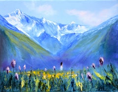 Pittura a olio sulle erbe di primavera, paesaggio espressionista sulle Alpi svizzere