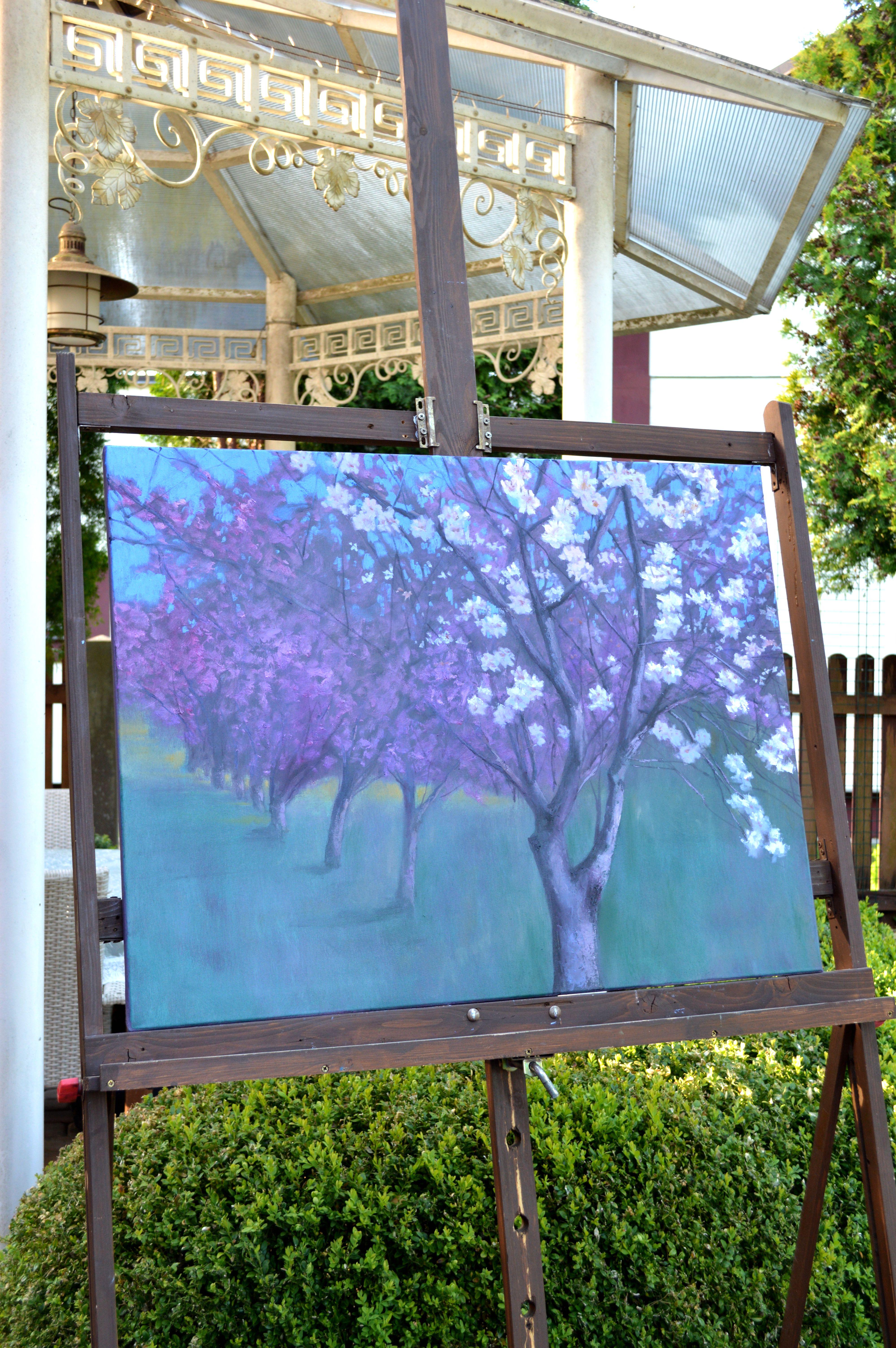 Primavera en el jardín - Landscape Painting Gris de Elena Lukina