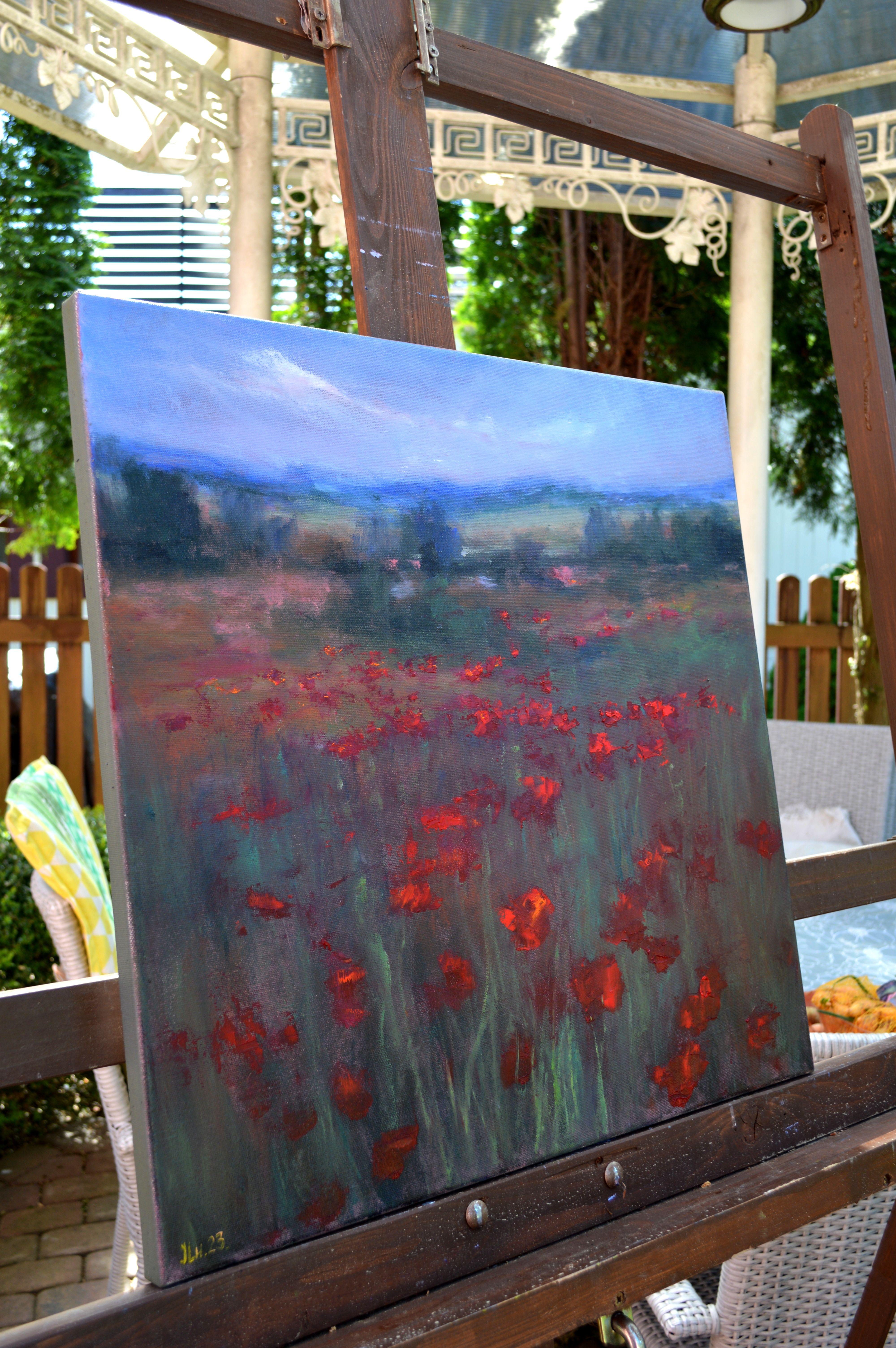 In creating this piece, I've poured my soul into the vivid crimson blooms, contrasting against the subdued greens and blues, evoking life's vibrancy. Each stroke is a breath, blending impressionism with realism to capture nature's fleeting beauty.