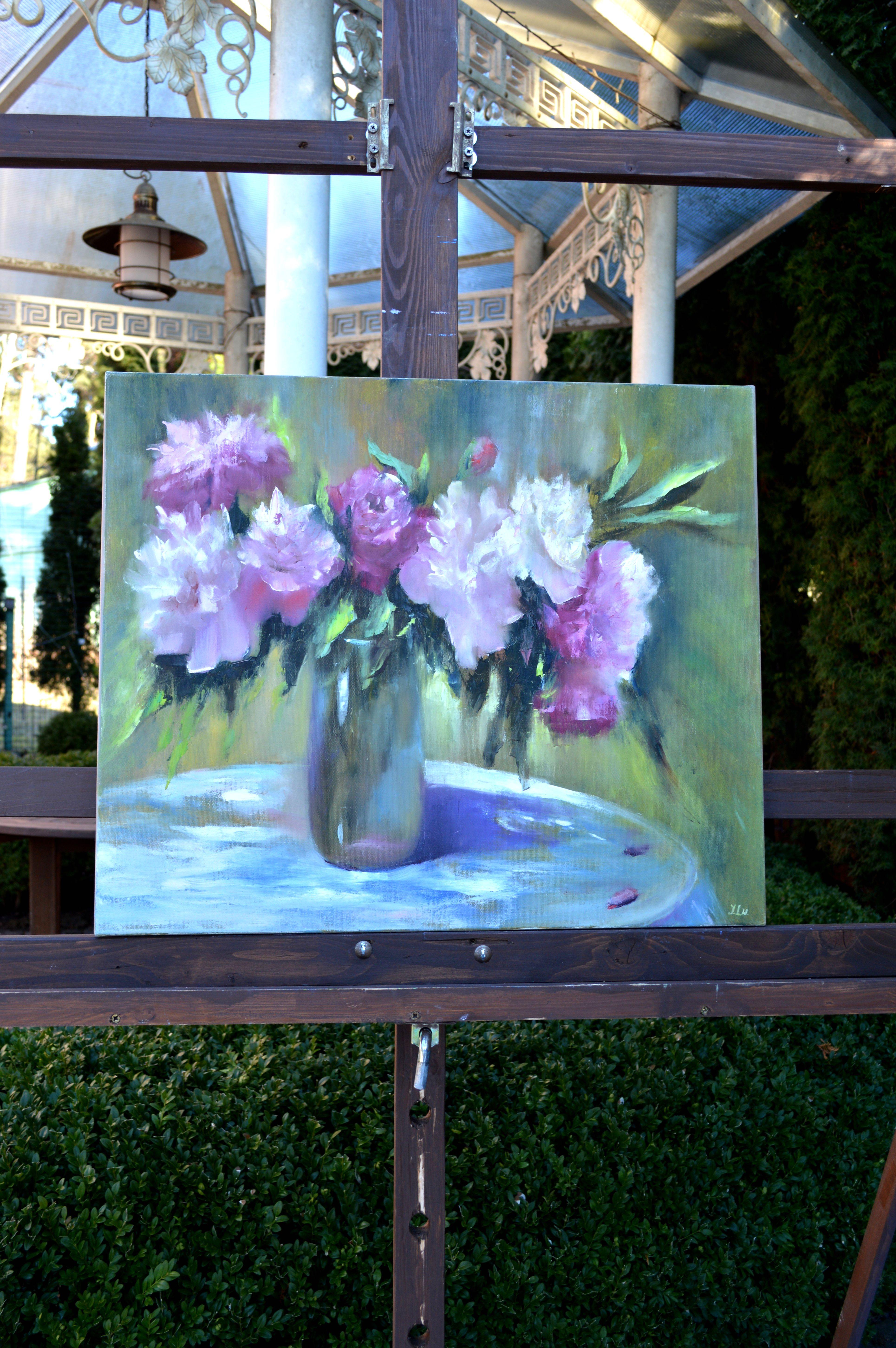 Still life with peonies - Expressionist Painting by Elena Lukina