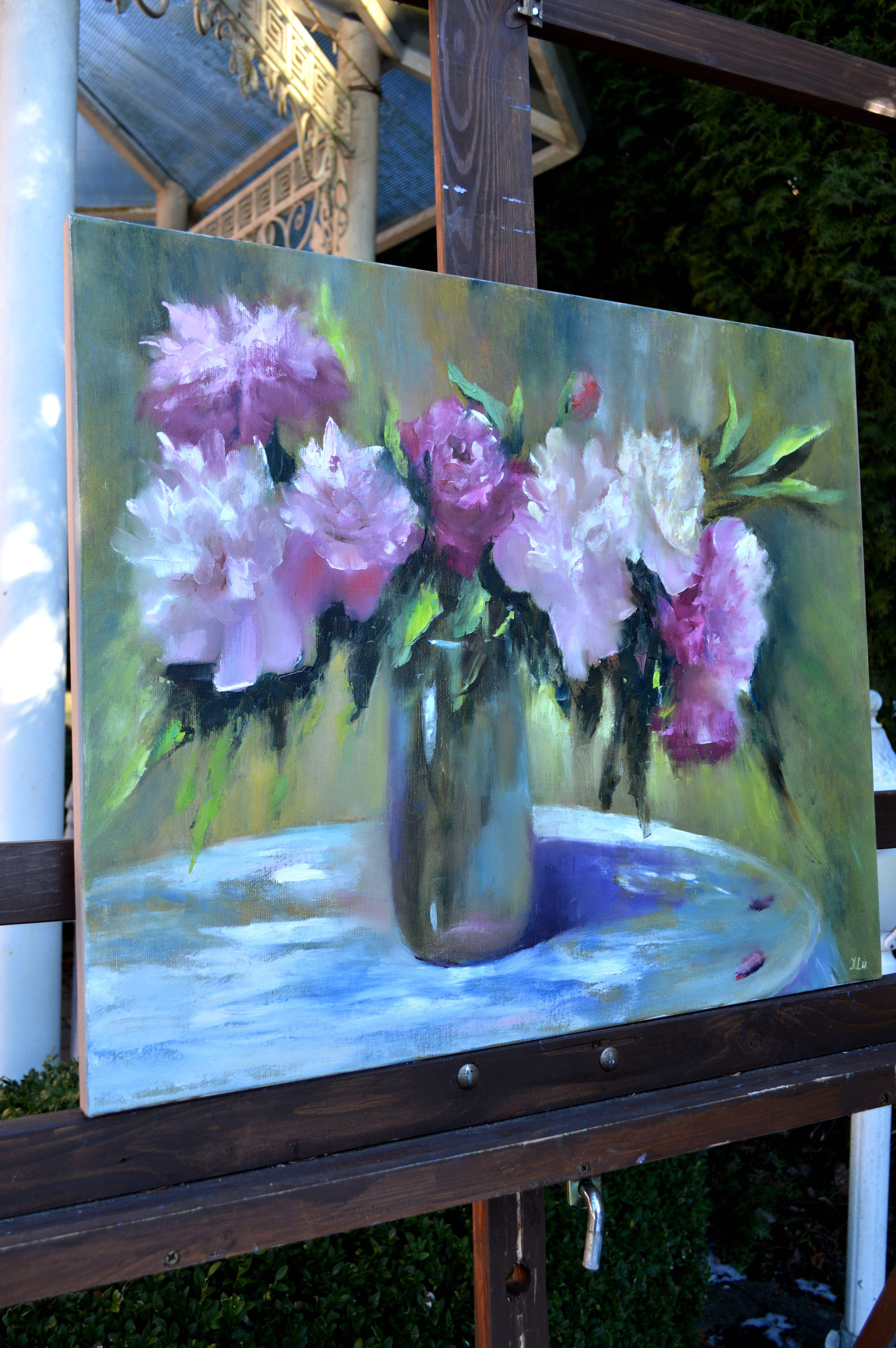 Still life with peonies - Gray Interior Painting by Elena Lukina