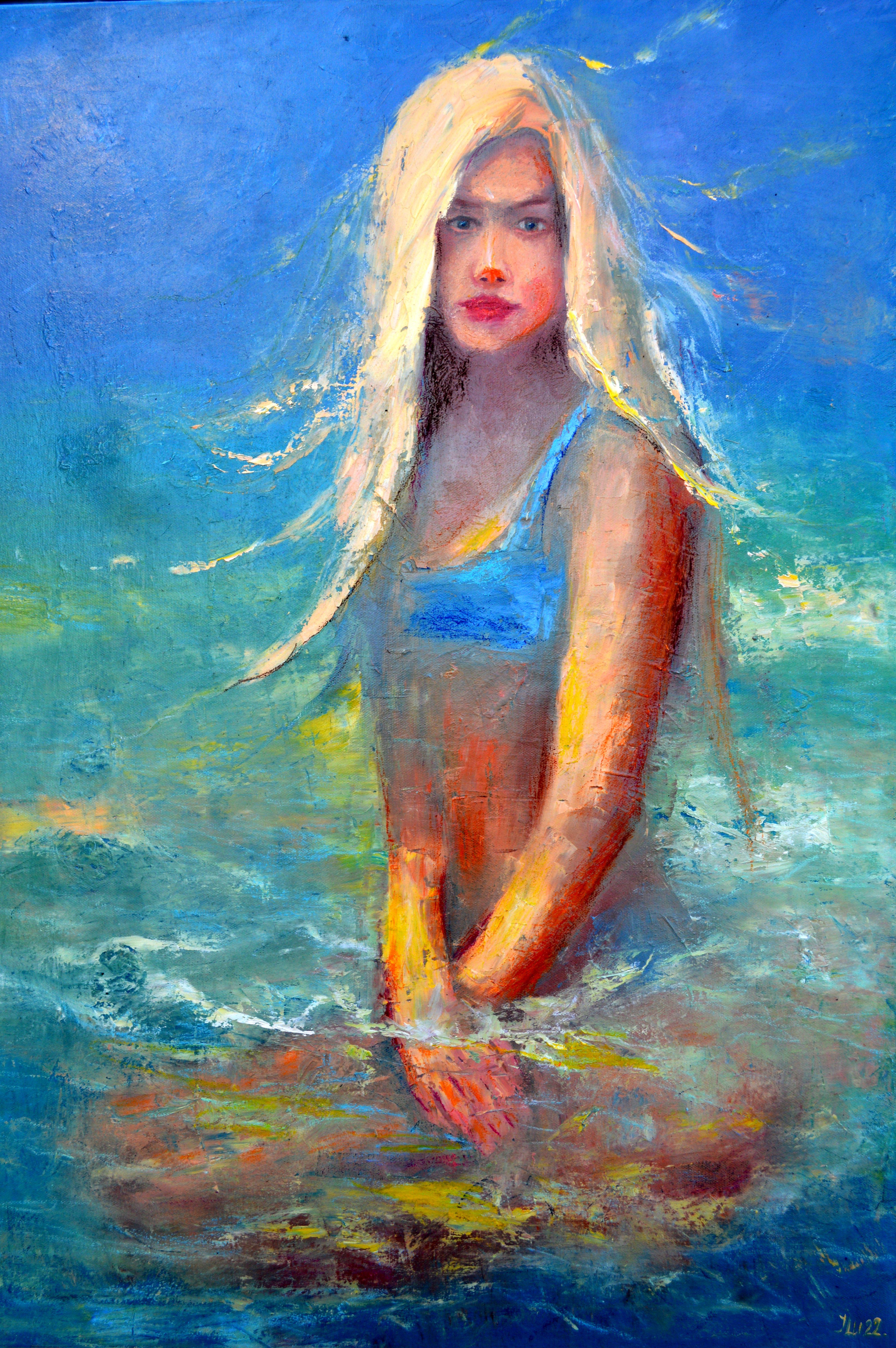 In questo pezzo, immergo lo spettatore nelle profondità di un'atmosfera estiva, dove si incontrano la dinamica carezza del mare e il calore vibrante della luce del sole. Le texture e i colori ad olio enfatizzano il gioco transitorio della luce e