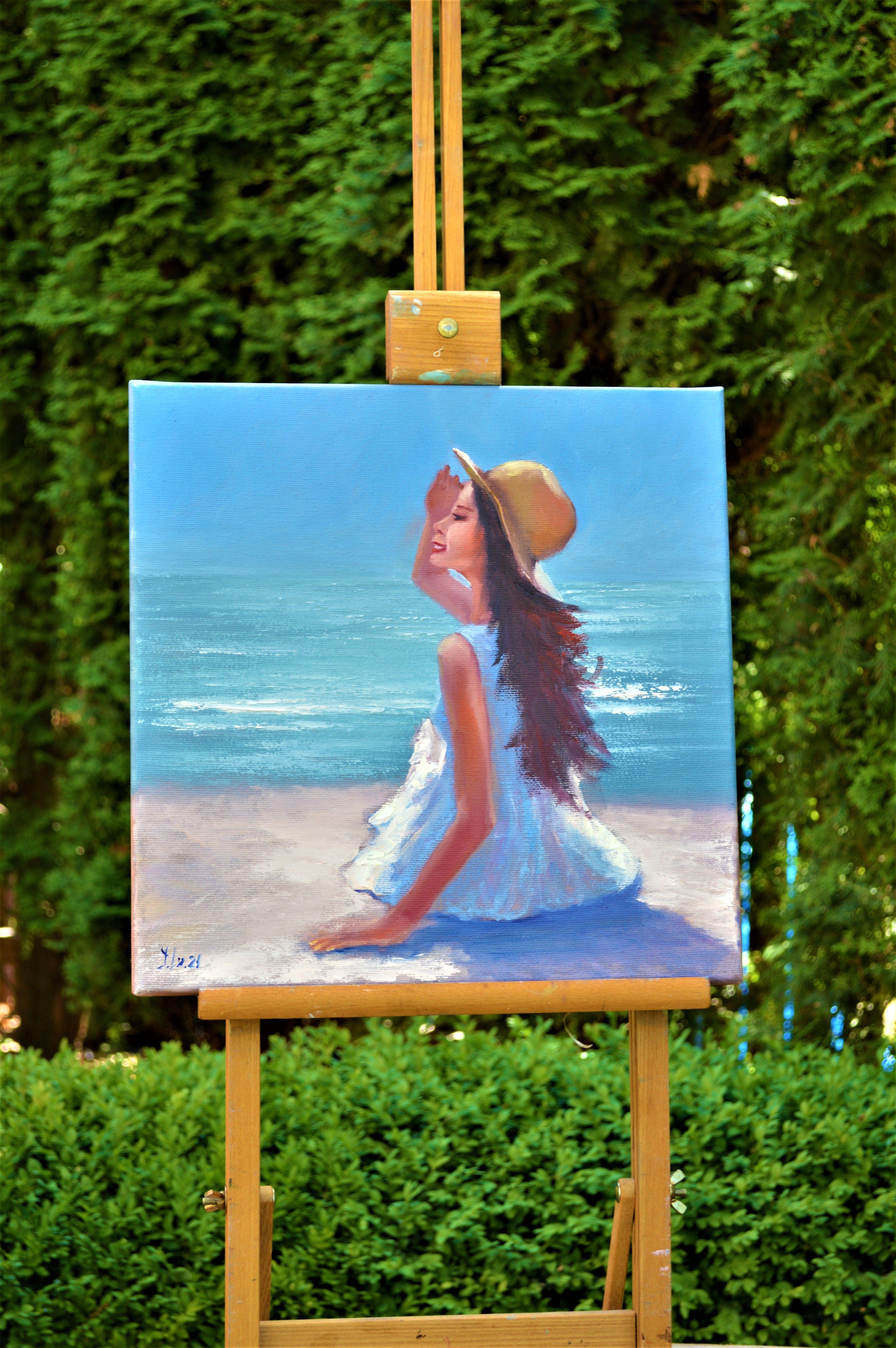Summer, sea, beach, girl - Painting by Elena Lukina