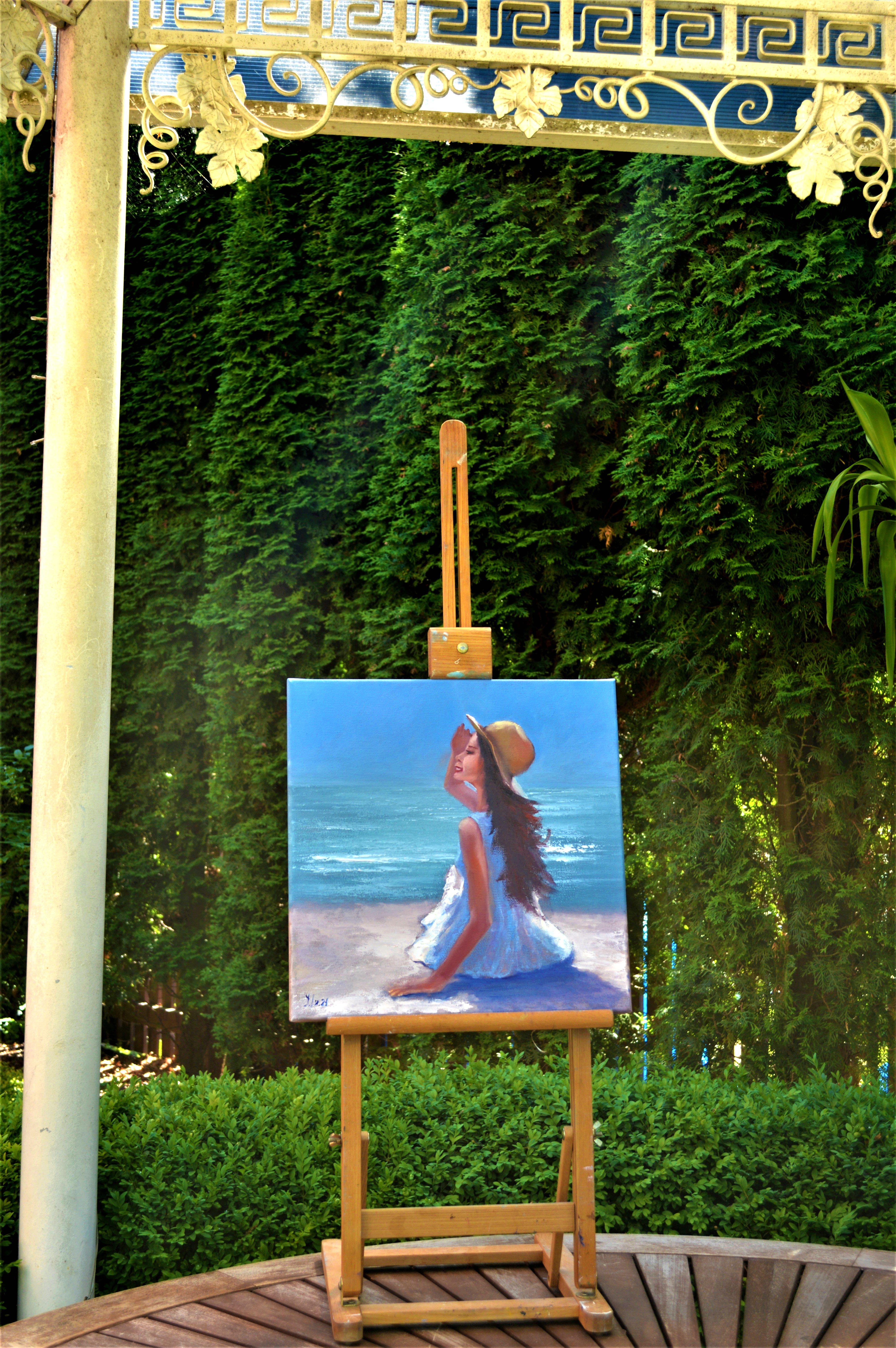 Summer, mer, plage, fille - Expressionniste Painting par Elena Lukina