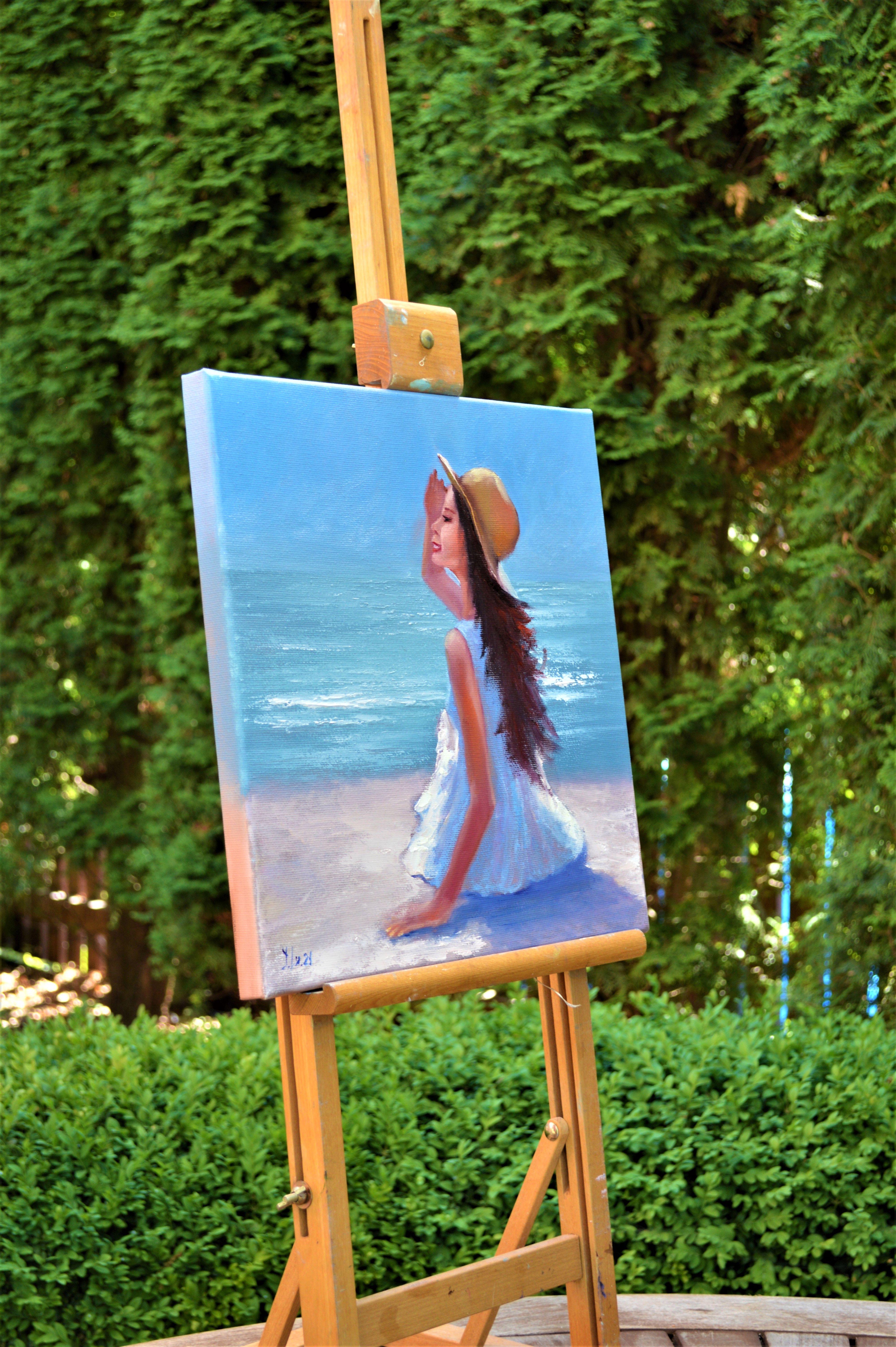 Summer, sea, beach, girl - Blue Figurative Painting by Elena Lukina