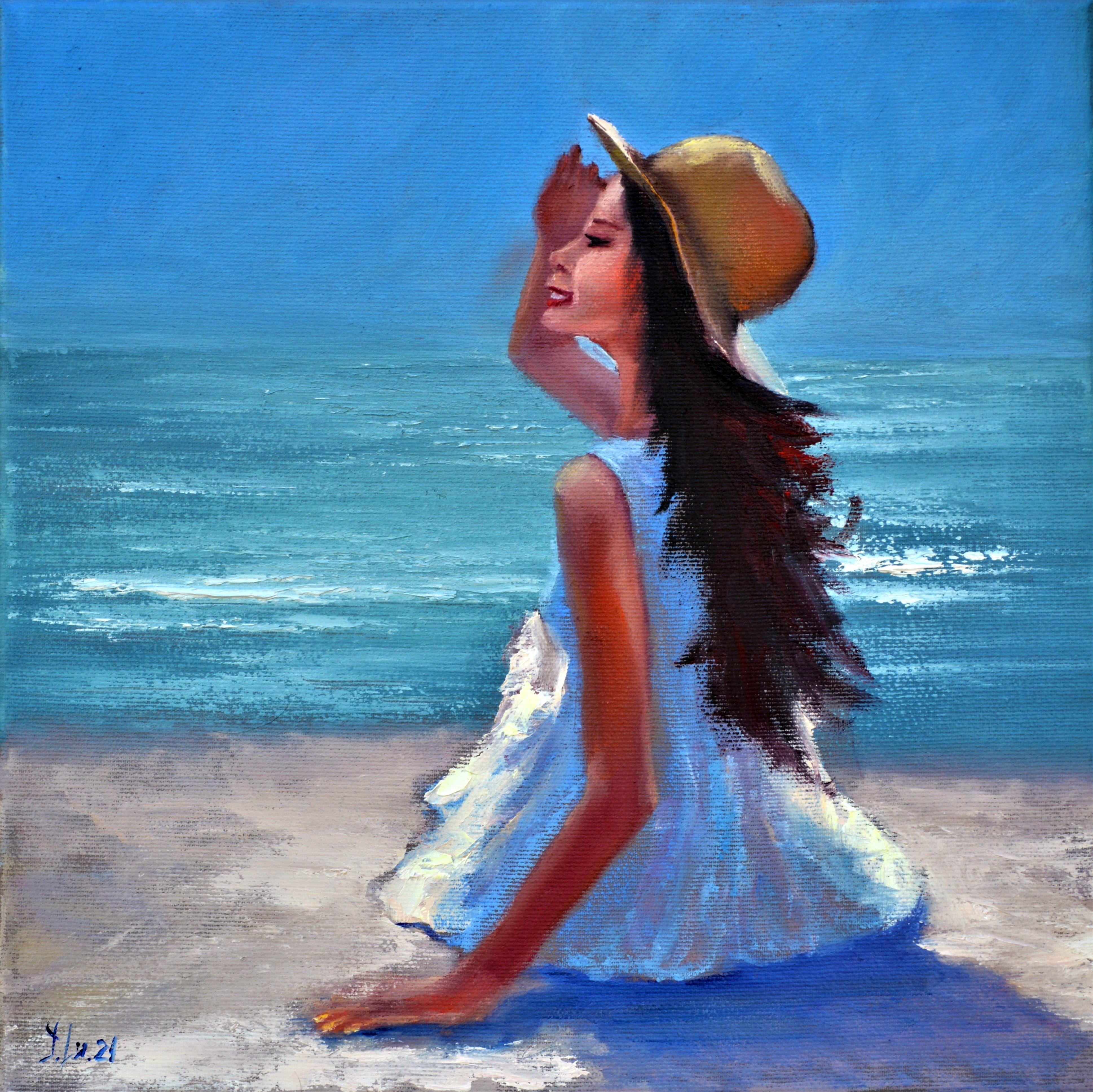 Elena Lukina Landscape Painting - Summer, sea, beach, girl