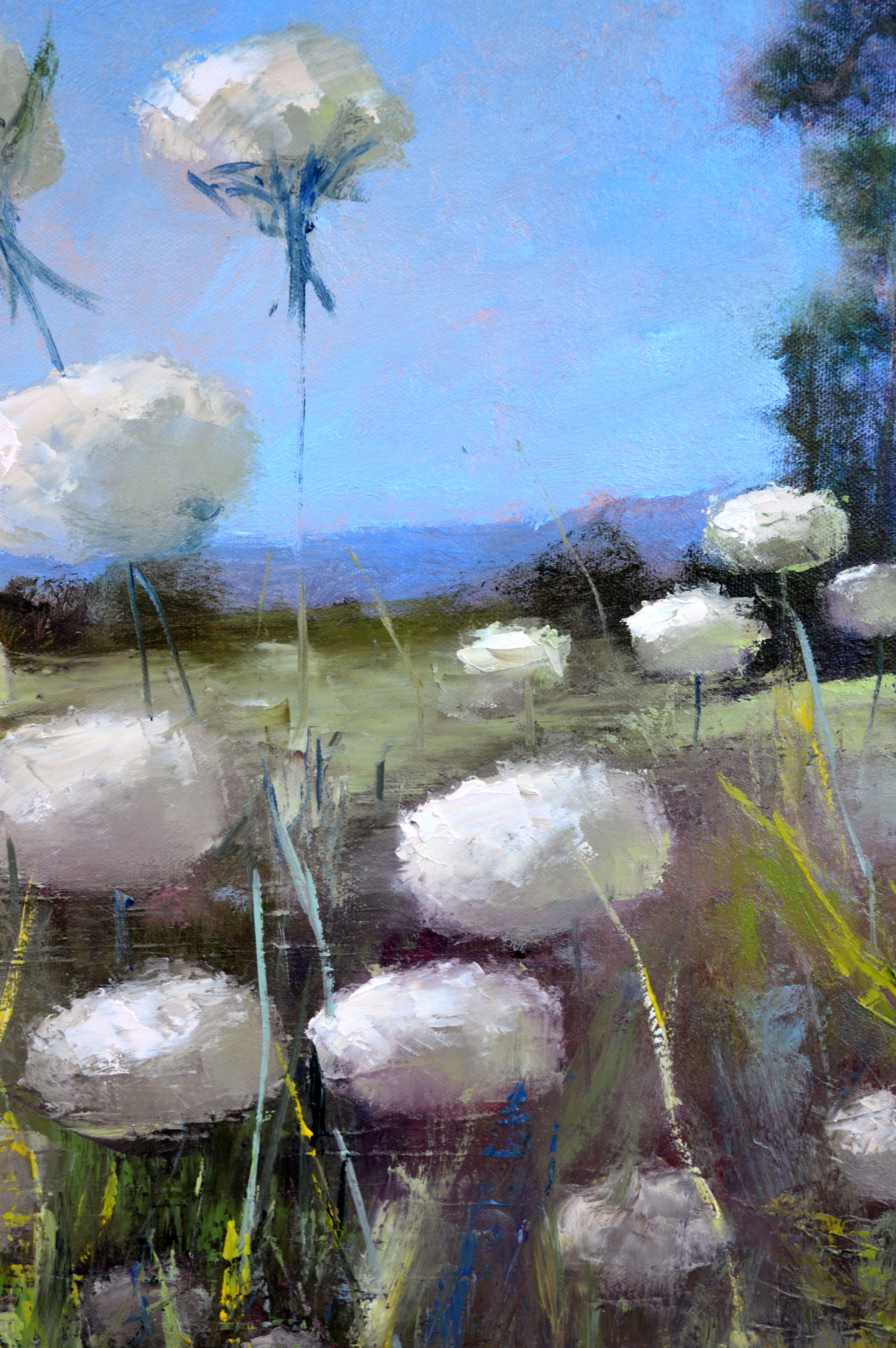 In diesem Ölgemälde habe ich den Expressionismus mit Anklängen an die bildende Kunst und den Impressionismus verschmolzen und einer bukolischen Sinfonie von göttlichen Wildkräutern, die unter einem ruhigen Himmel tanzen, Leben eingehaucht. Jeder