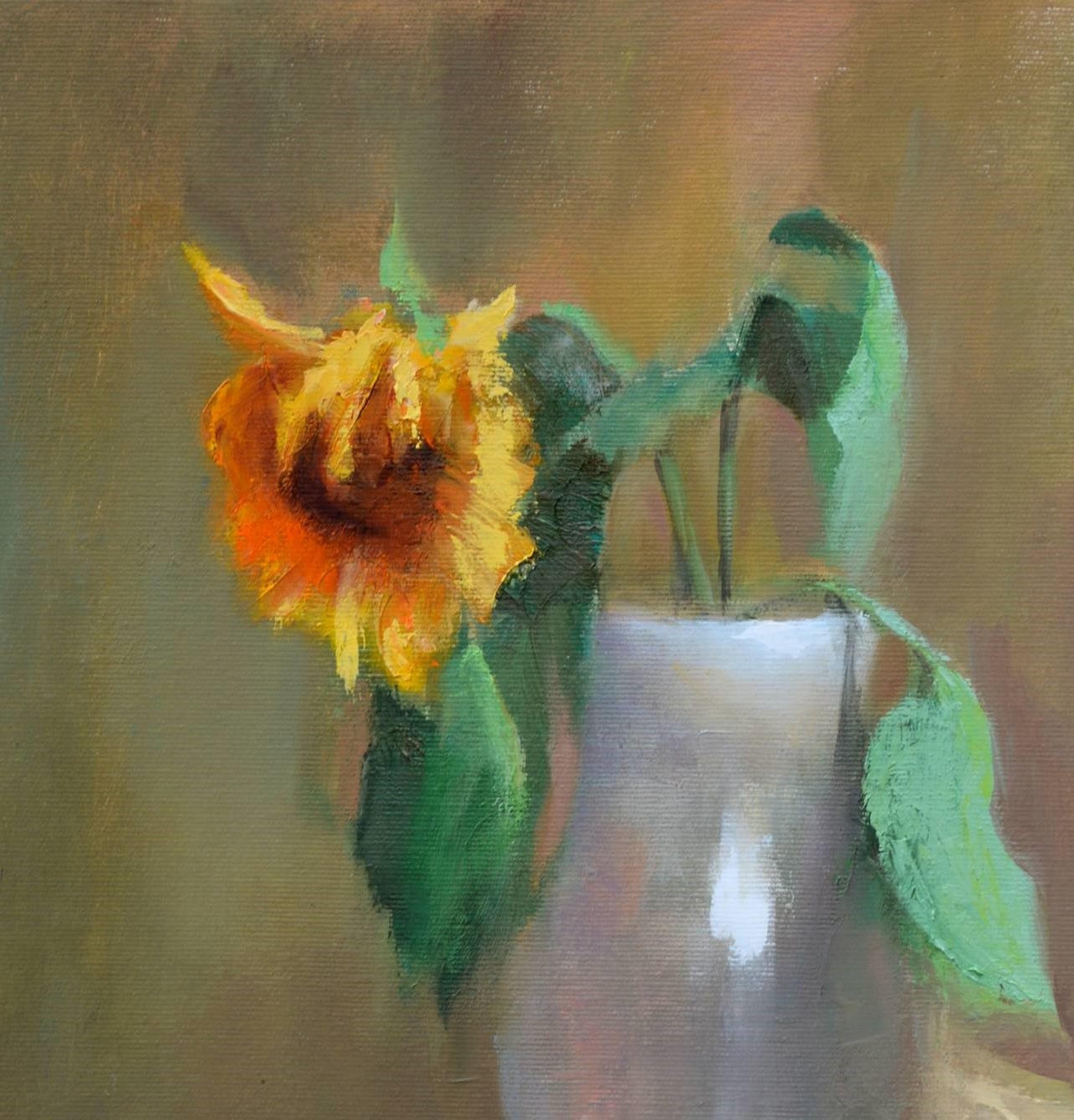 In this piece, I've explored the juxtaposition of life's ephemerality and enduring warmth. The sunflower, despite its wilting state, is a vibrant focal point that offers a moment of reflection and a spark of joy. Rendered in oil with expressive,