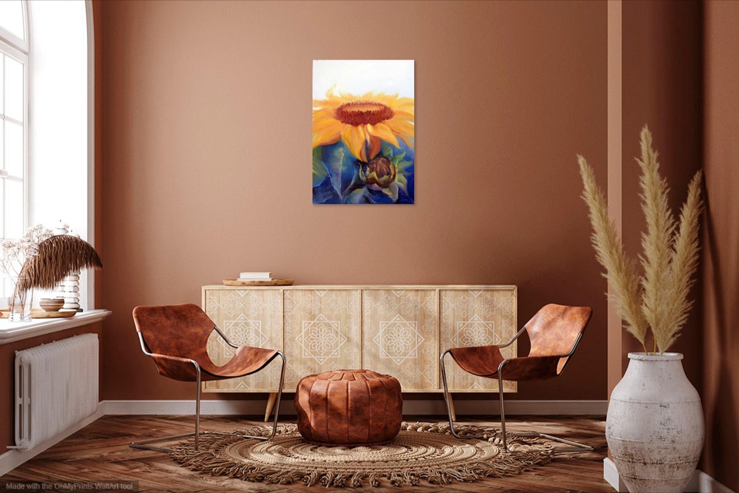 In this oil on canvas, I've poured my soul into capturing the vibrant essence of life. With bold strokes and vivid hues, I've embraced expressionism and realism to evoke a sense of warmth and growth. The sunflower stands tall, embodying resilience