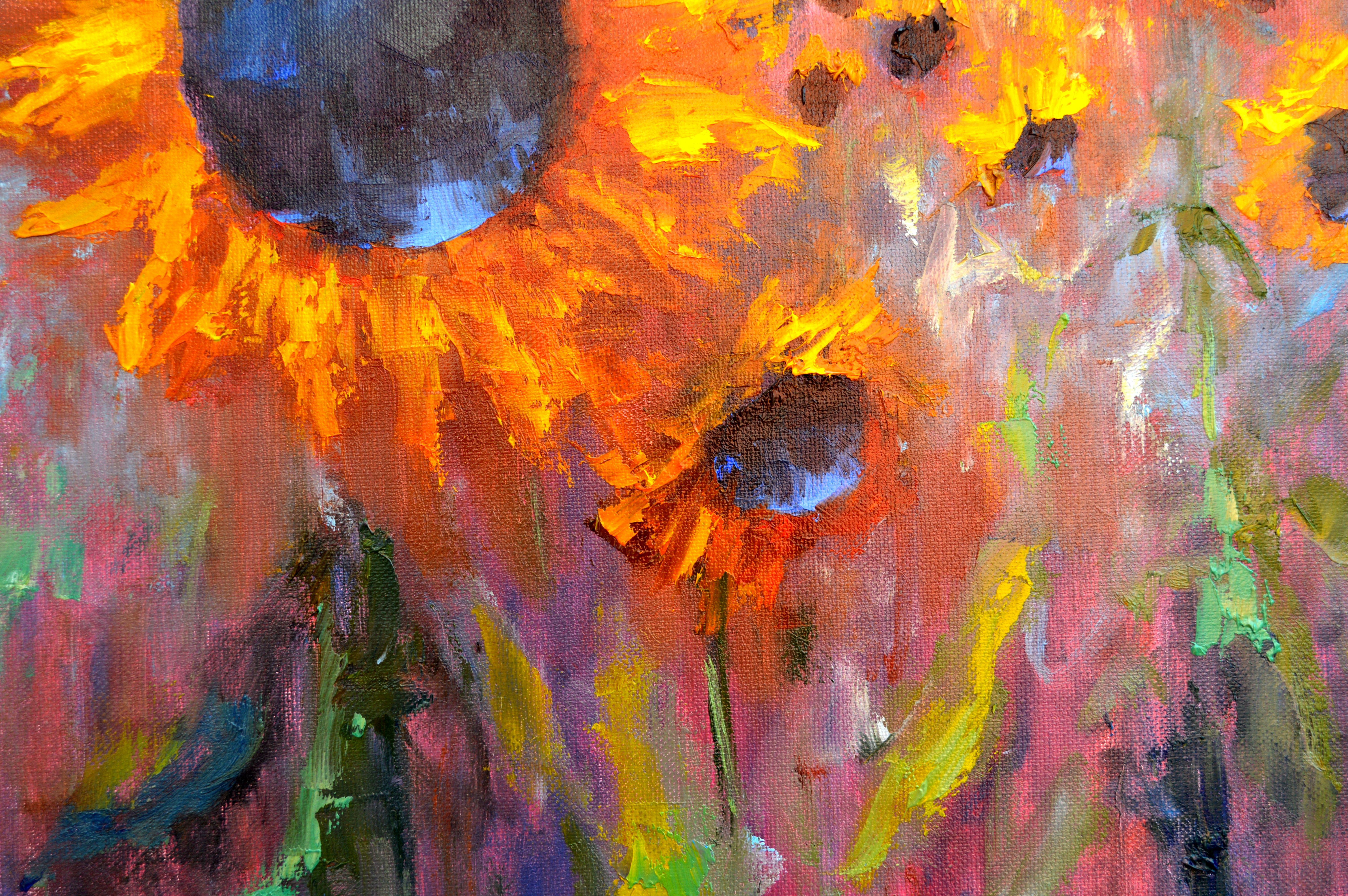 In questo vibrante dipinto a olio, ho riversato il mio cuore per catturare la feroce bellezza dei girasoli che si ergono alti. Ogni tratto incarna l'energia e il calore che questi fiori emanano, fondendo l'estro impressionistico con i dettagli