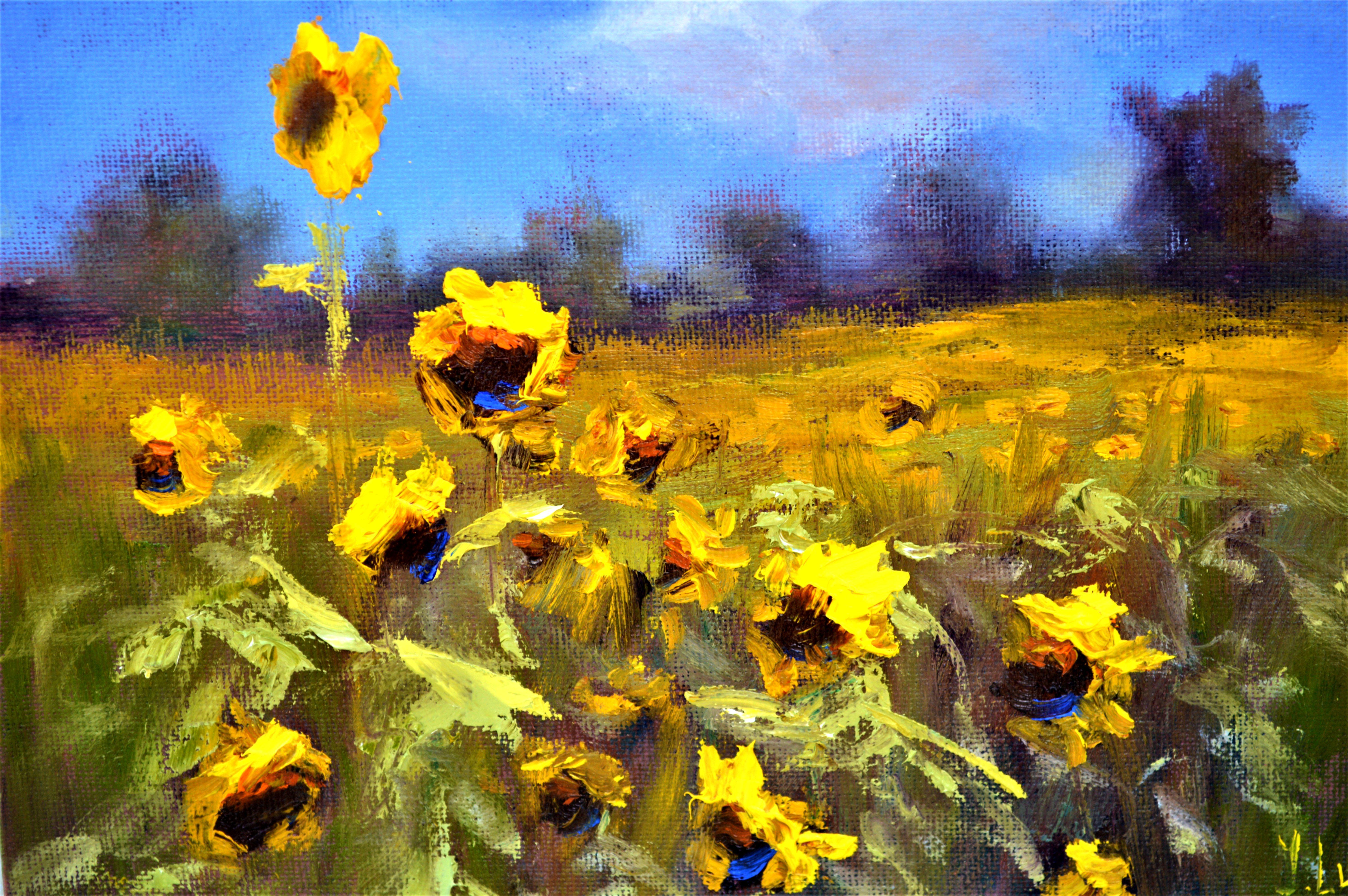 Sunflowers field 3D (18X24) - Painting by Elena Lukina