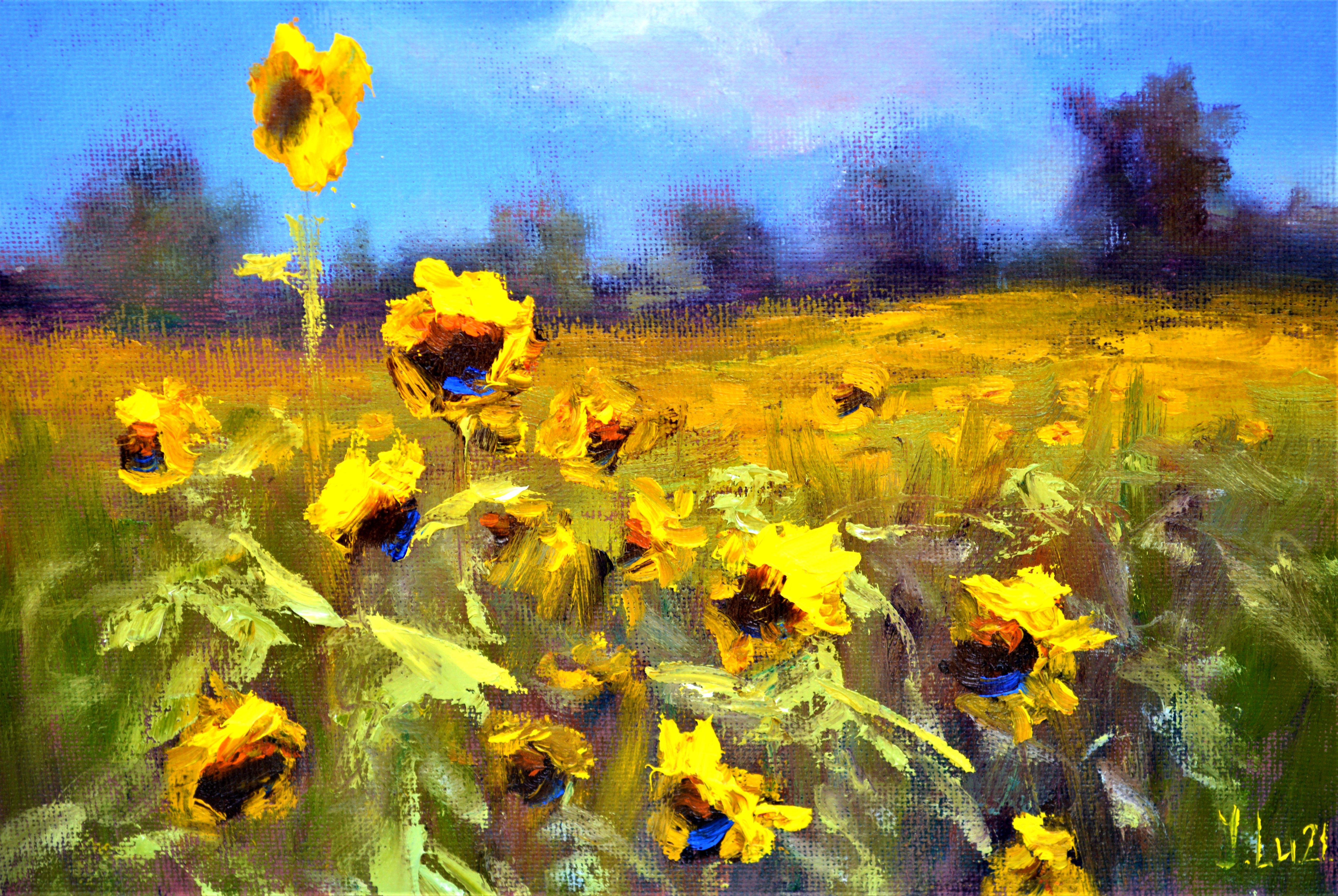Sunflowers field 3D (18X24) - Expressionist Painting by Elena Lukina