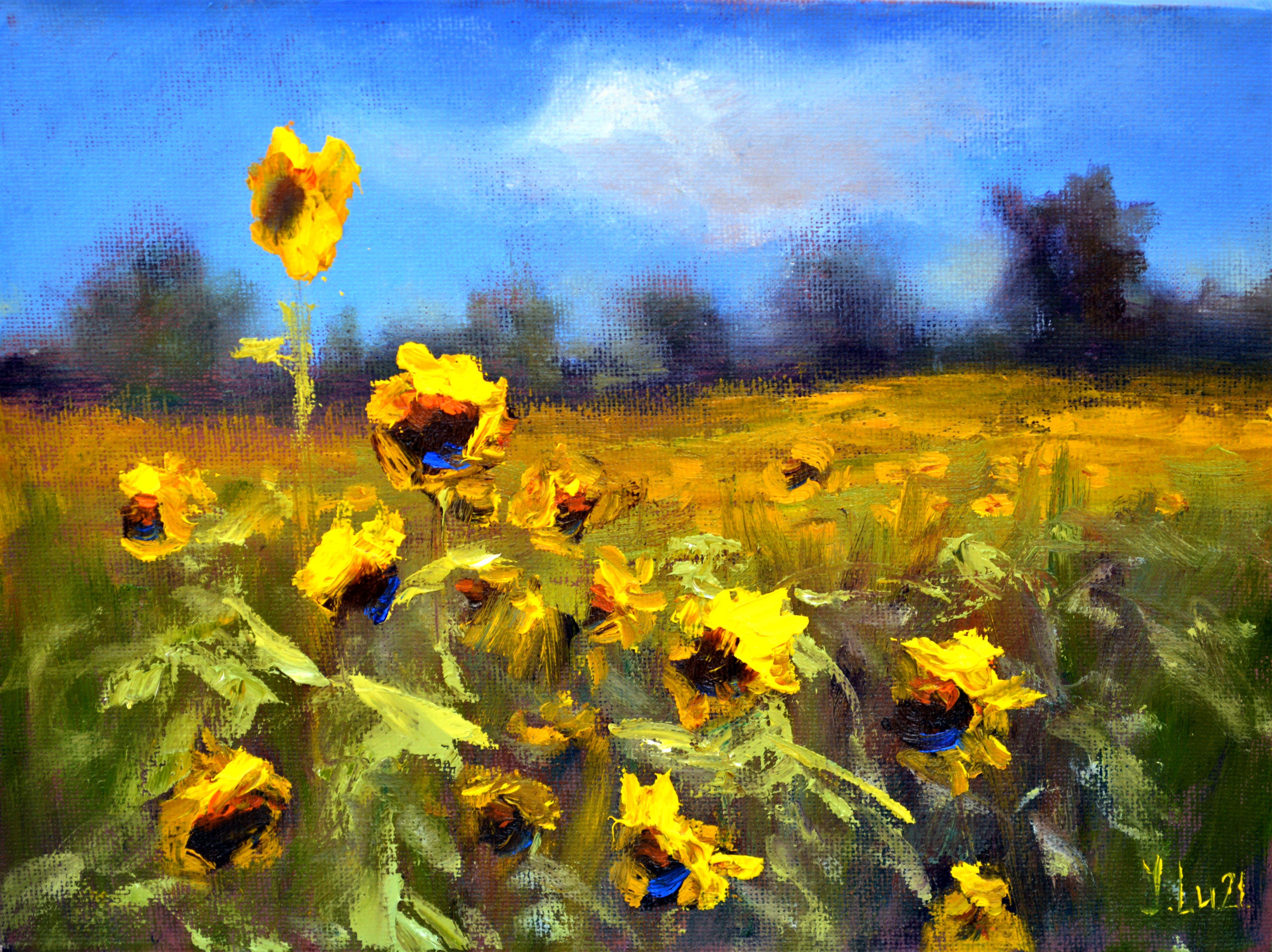Elena Lukina Landscape Painting - Sunflowers field 3D (18X24)
