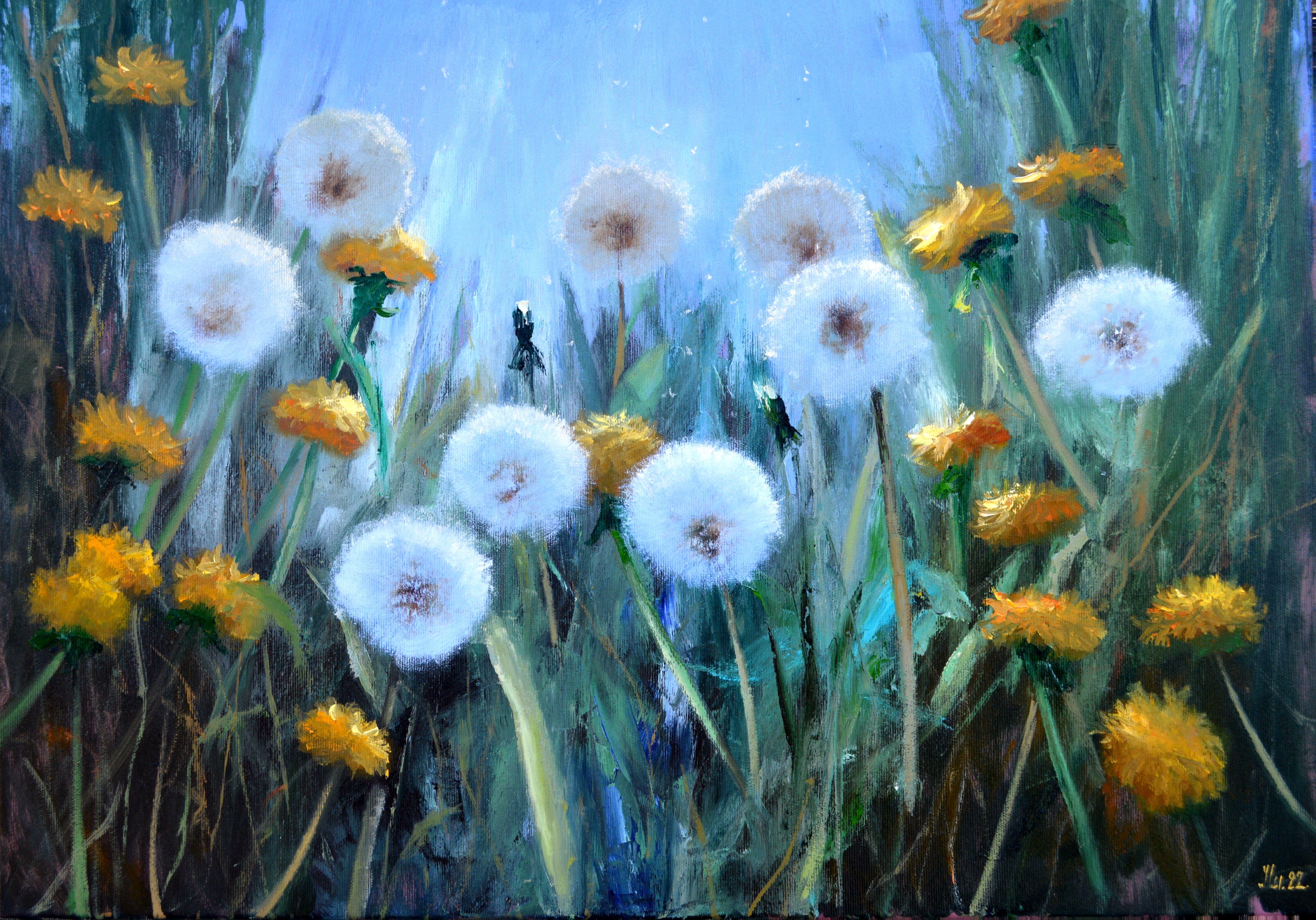 Elena Lukina Landscape Painting - Sunny dandelions 50X70