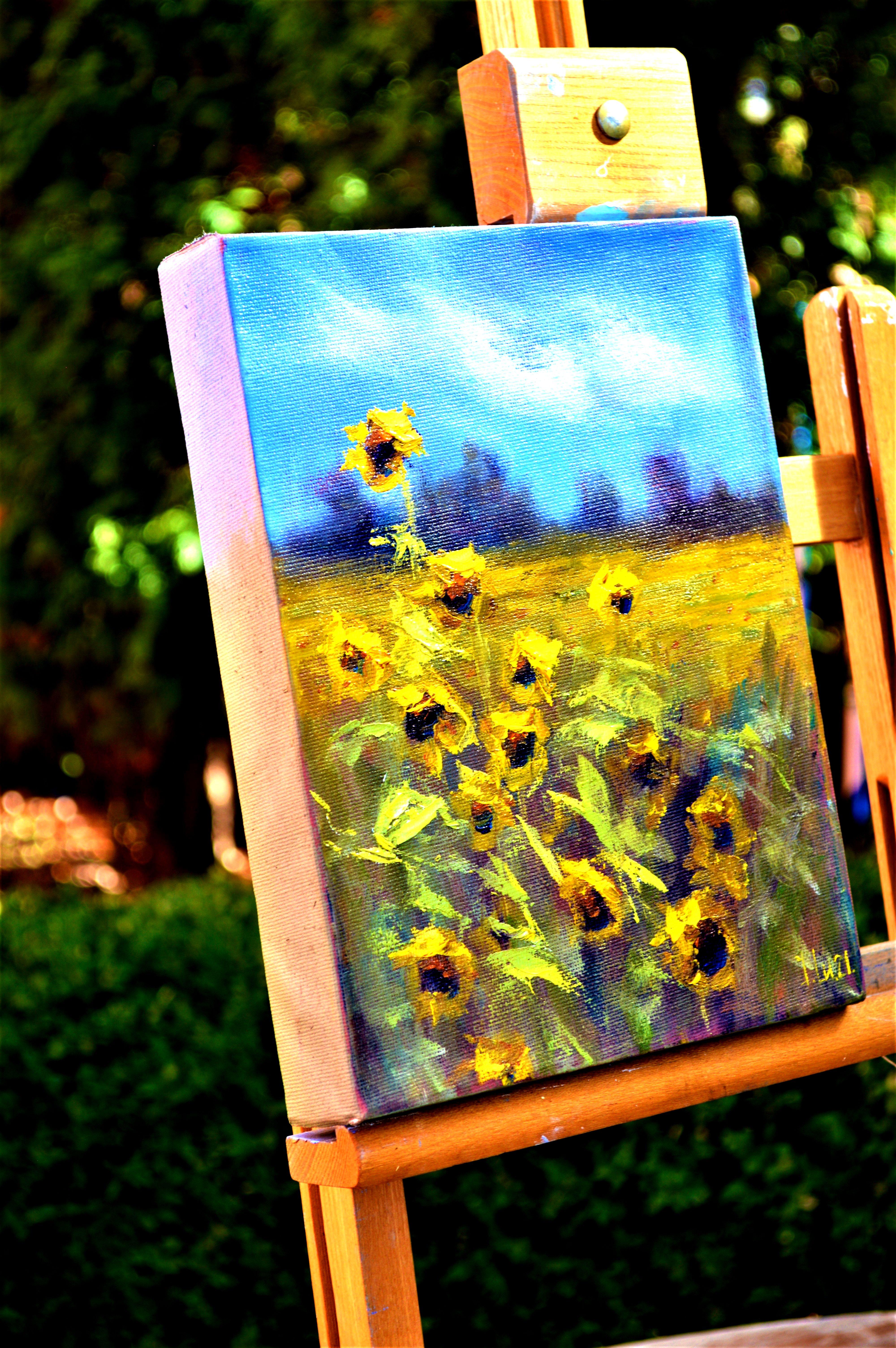 In diese Ölkreation habe ich meine Leidenschaft in jeden Pinselstrich einfließen lassen und so die Lebendigkeit der sonnenbeschienenen Blumen zum Leben erweckt. Es ist eine Verschmelzung von expressionistischer Energie und impressionistischer Anmut,