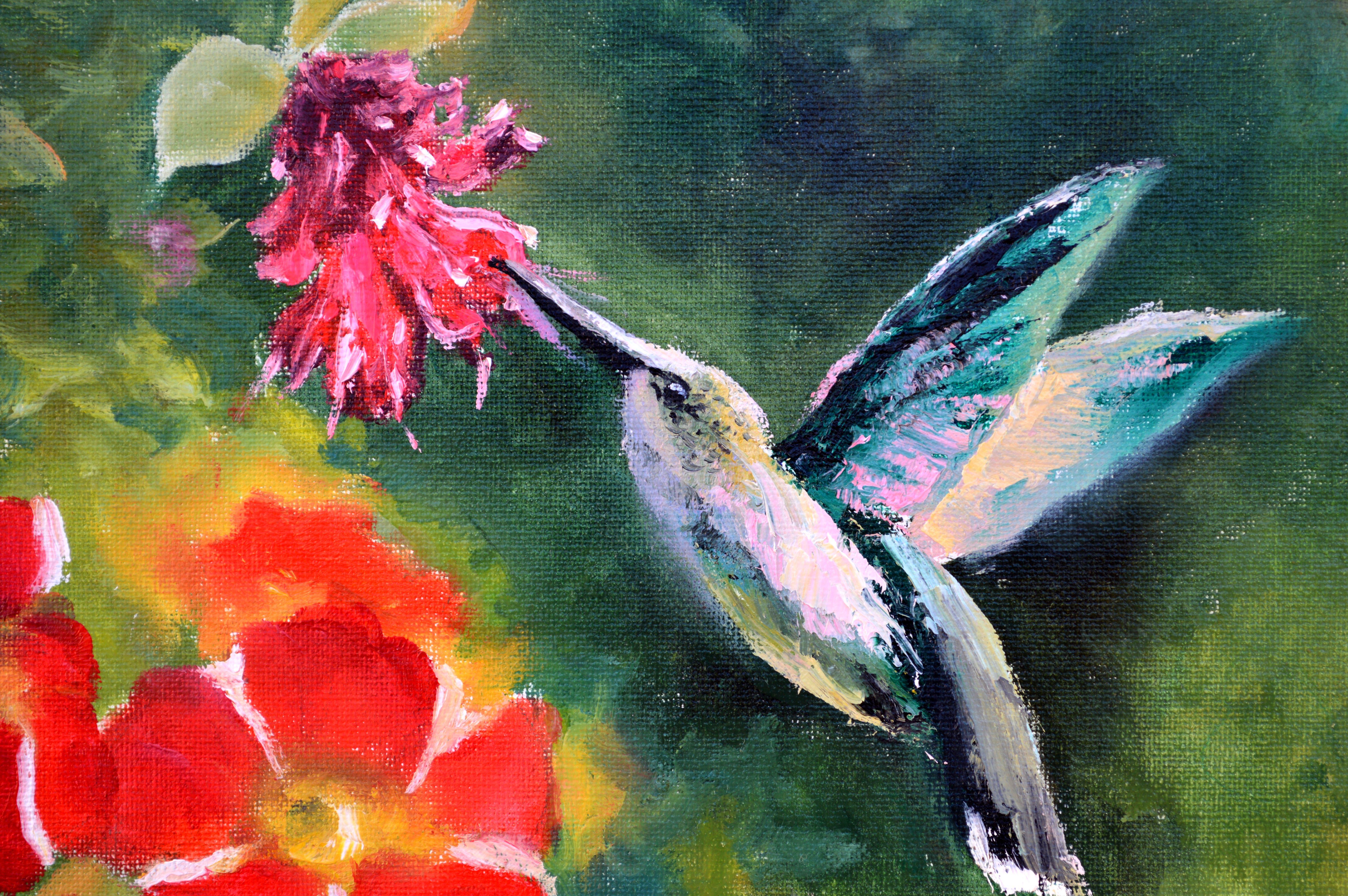 In questo dipinto a olio ho cercato di catturare la bellezza fugace delle interazioni della natura. Utilizzando colori vibranti e pennellate dinamiche tipiche dell'espressionismo e dell'impressionismo, ho evidenziato la delicatezza e l'energia di un