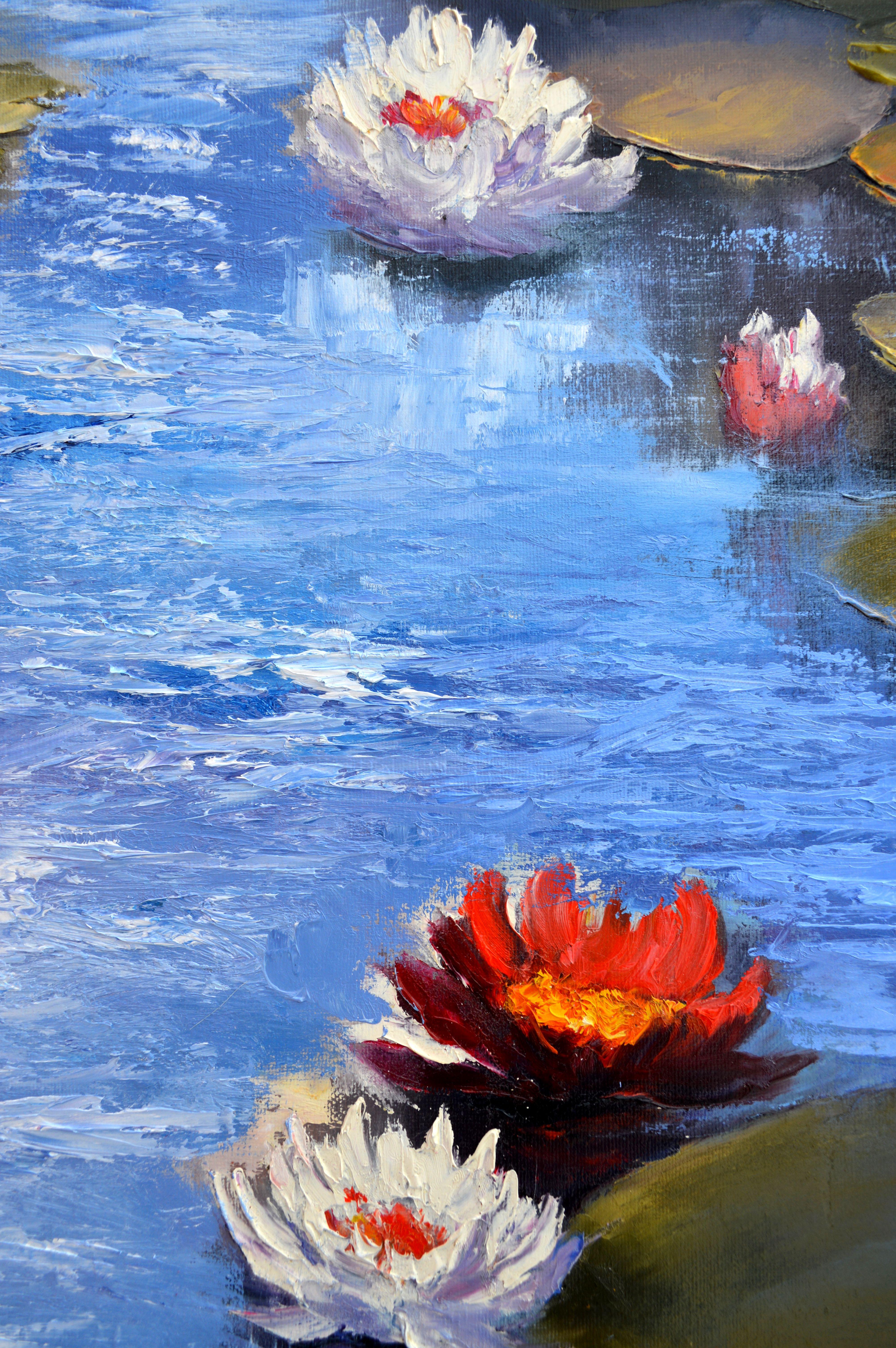 Sunny pond 70X50 oil painting - Painting by Elena Lukina