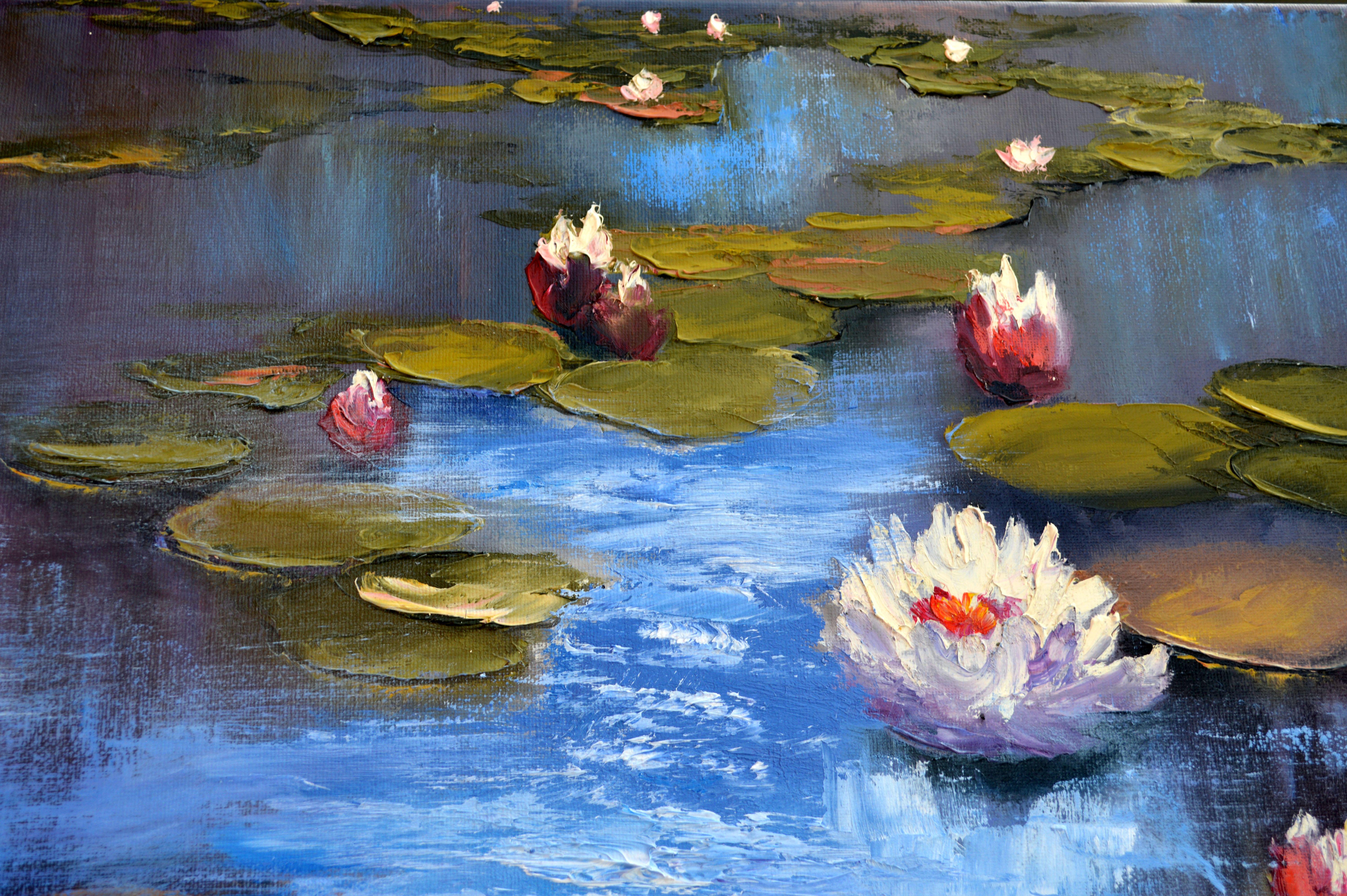 In this vibrant oil on canvas, I sought to capture the serene yet lively spirit of nature. The dappling light dances on water, illuminating lily pads and blossoms, creating a symphony of color and texture. It's a celebration of life's tranquil