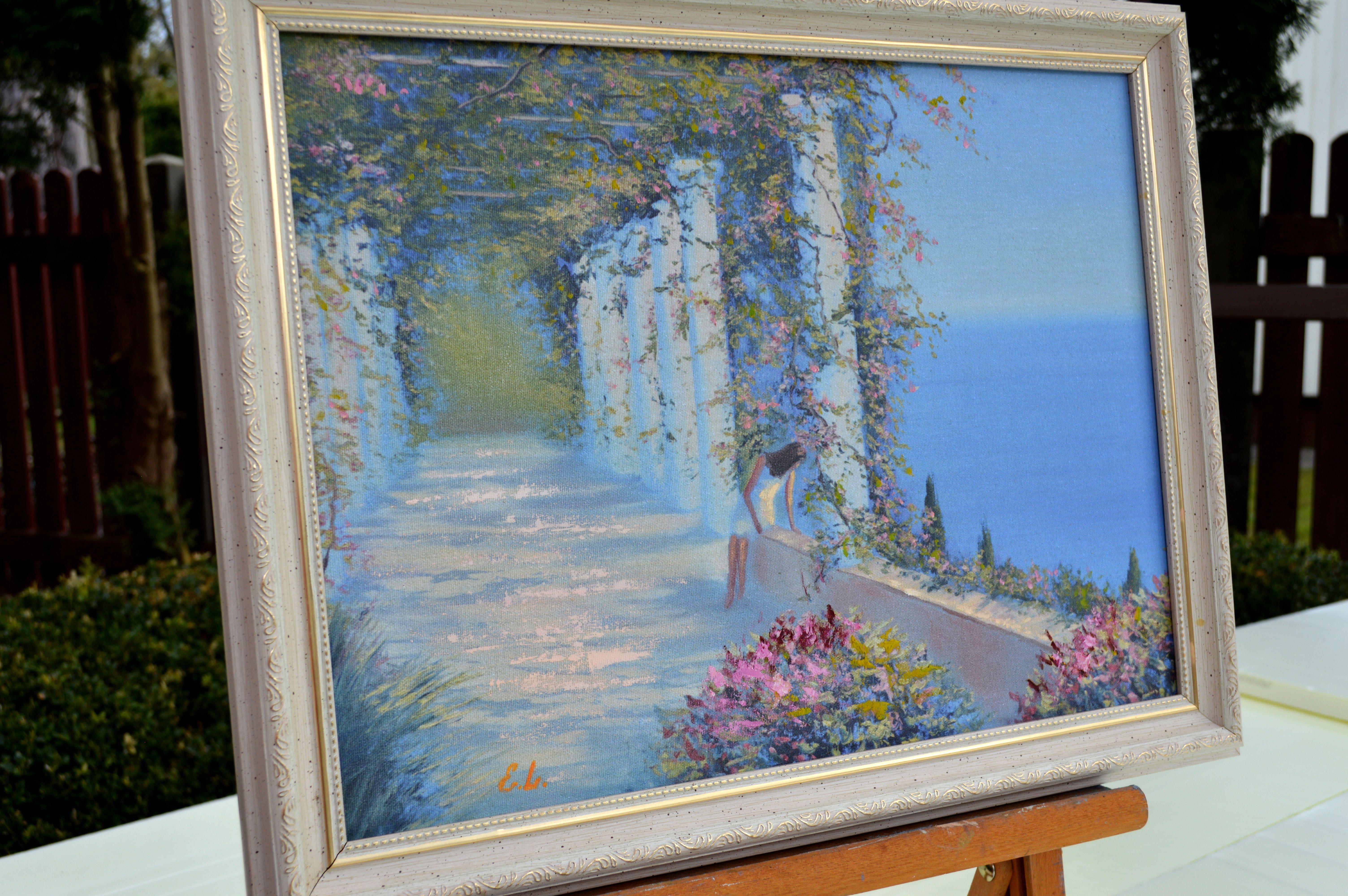 Terrazza soleggiata - Landscape Painting Grigio di Elena Lukina