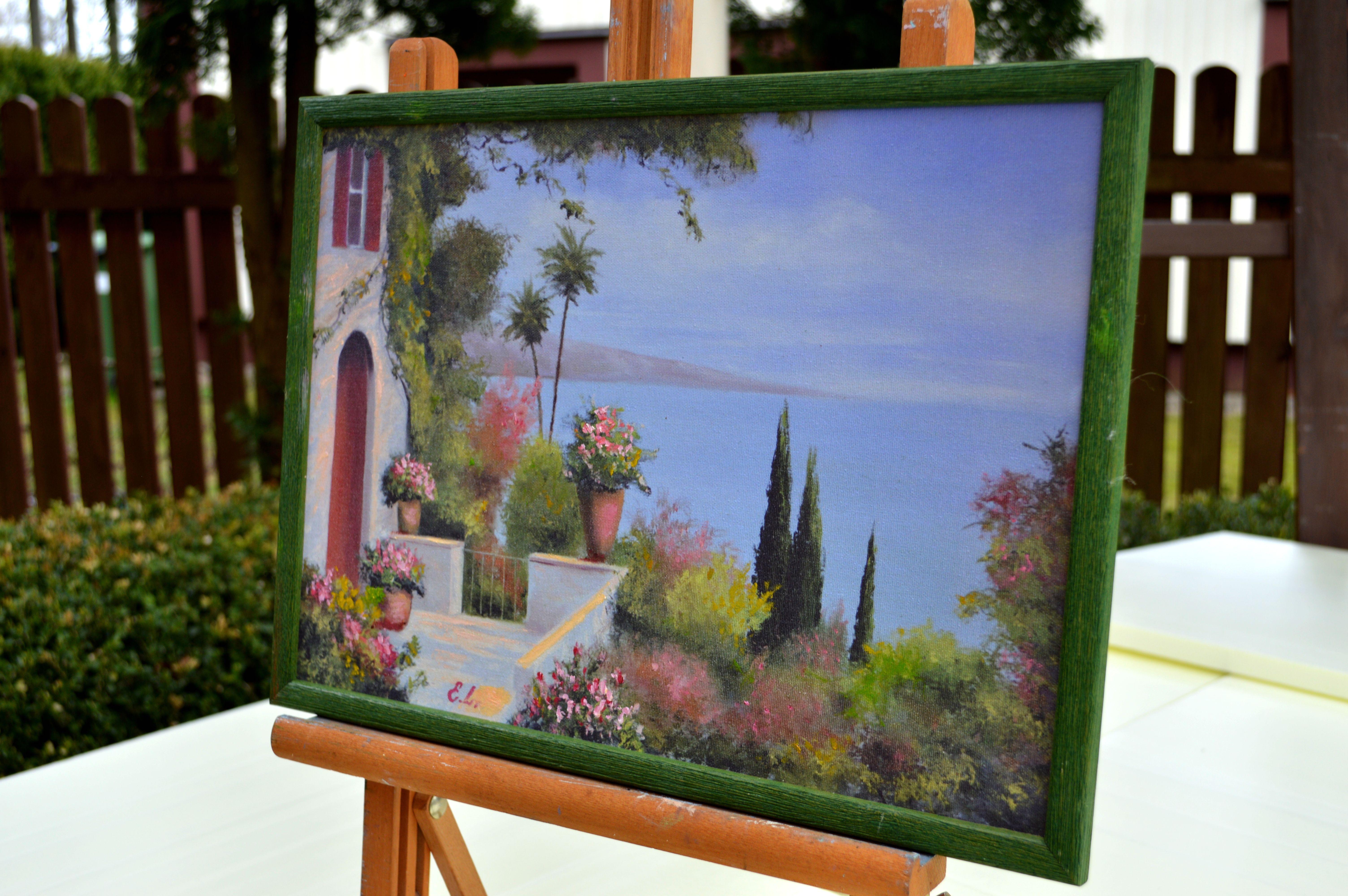 Terrasse ensoleillée - Gris Landscape Painting par Elena Lukina