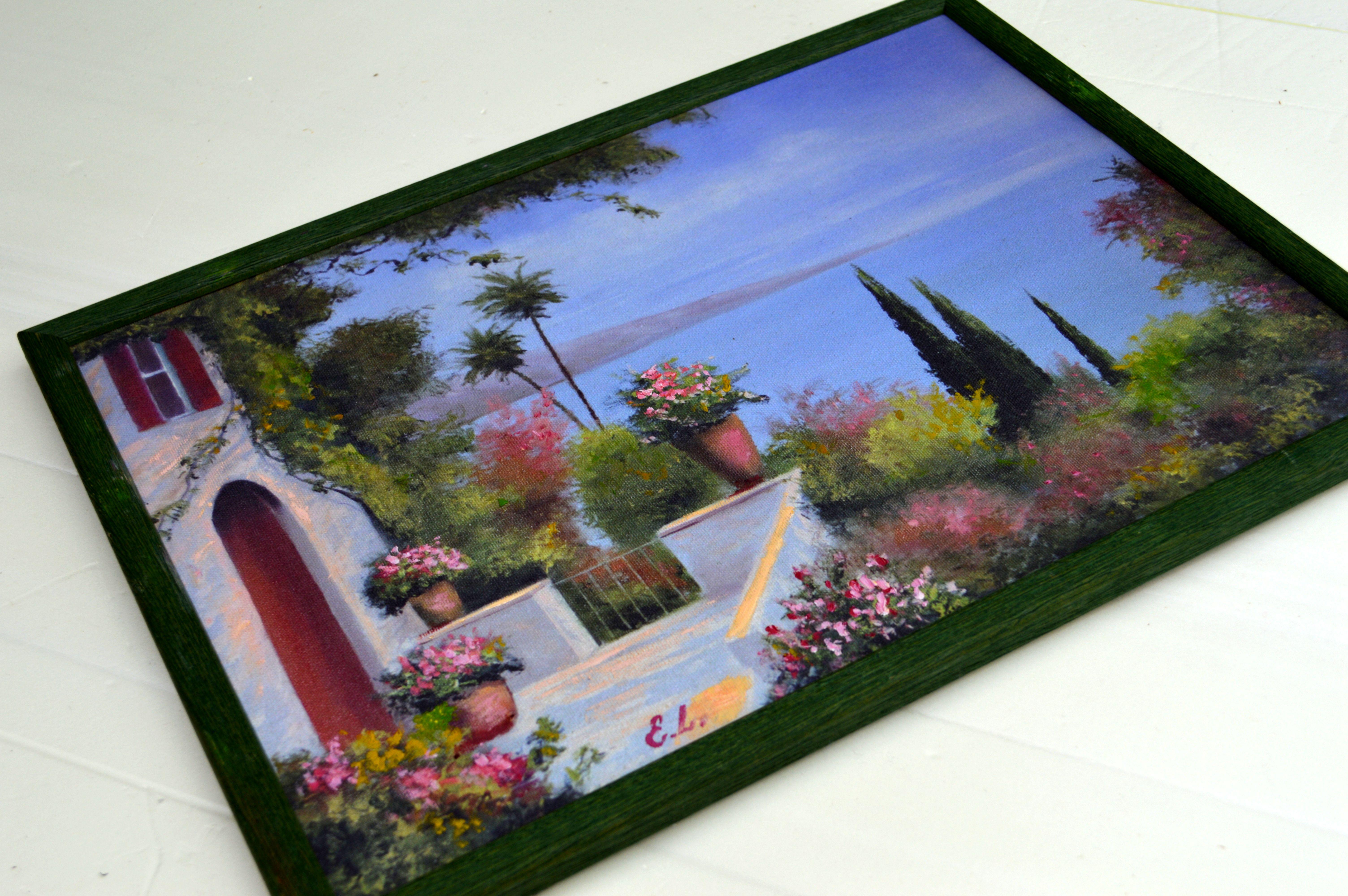 J'ai mis toute mon âme dans cette œuvre, capturant la chaleur du soleil et la beauté sereine de la nature. Mes coups de pinceau évoquent un sentiment de paix et invitent le spectateur à pénétrer dans un jardin tranquille et luxuriant surplombant la