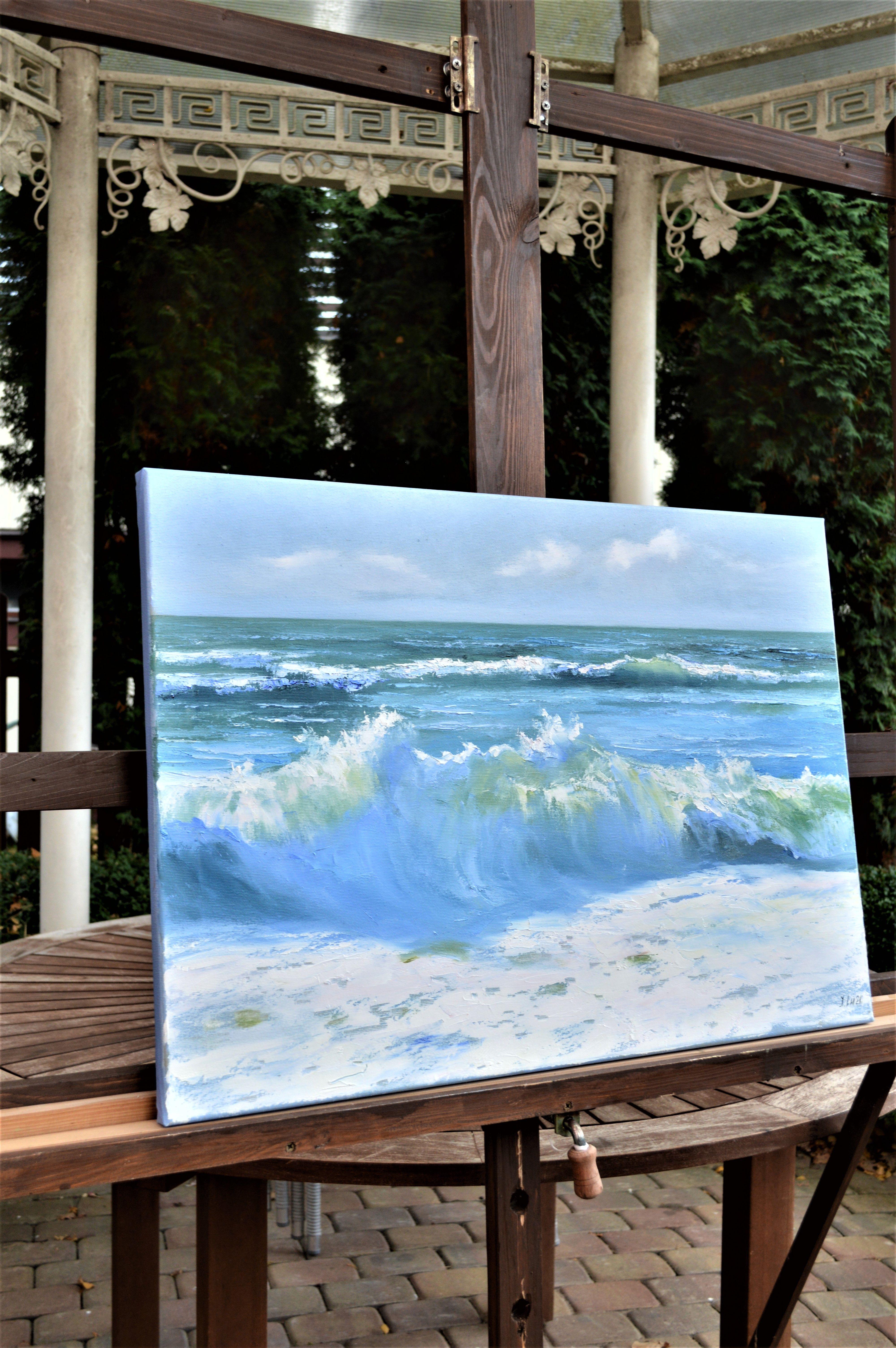 Waves dorées 50X70 - Gris Landscape Painting par Elena Lukina