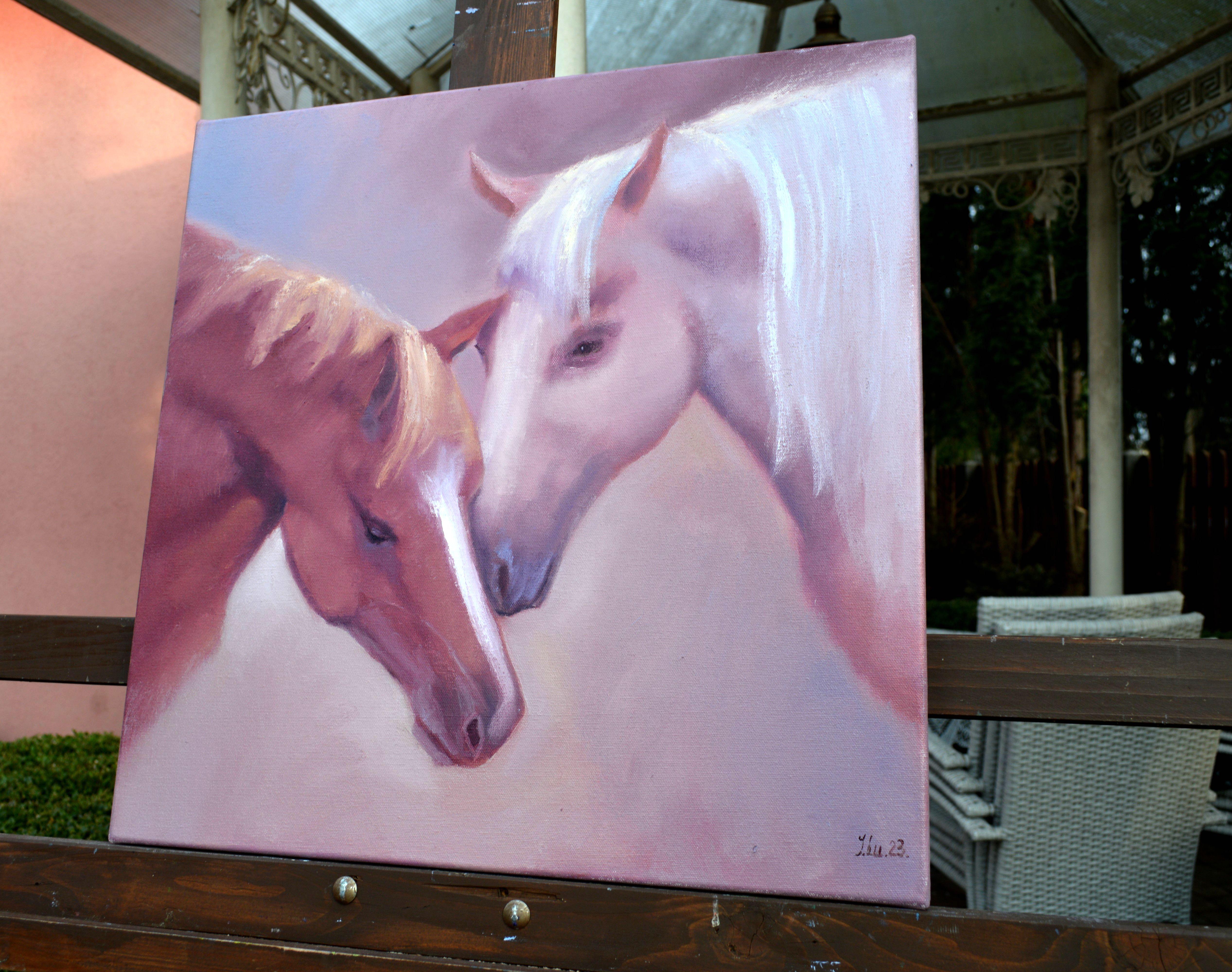 Tender love - Gray Figurative Painting by Elena Lukina