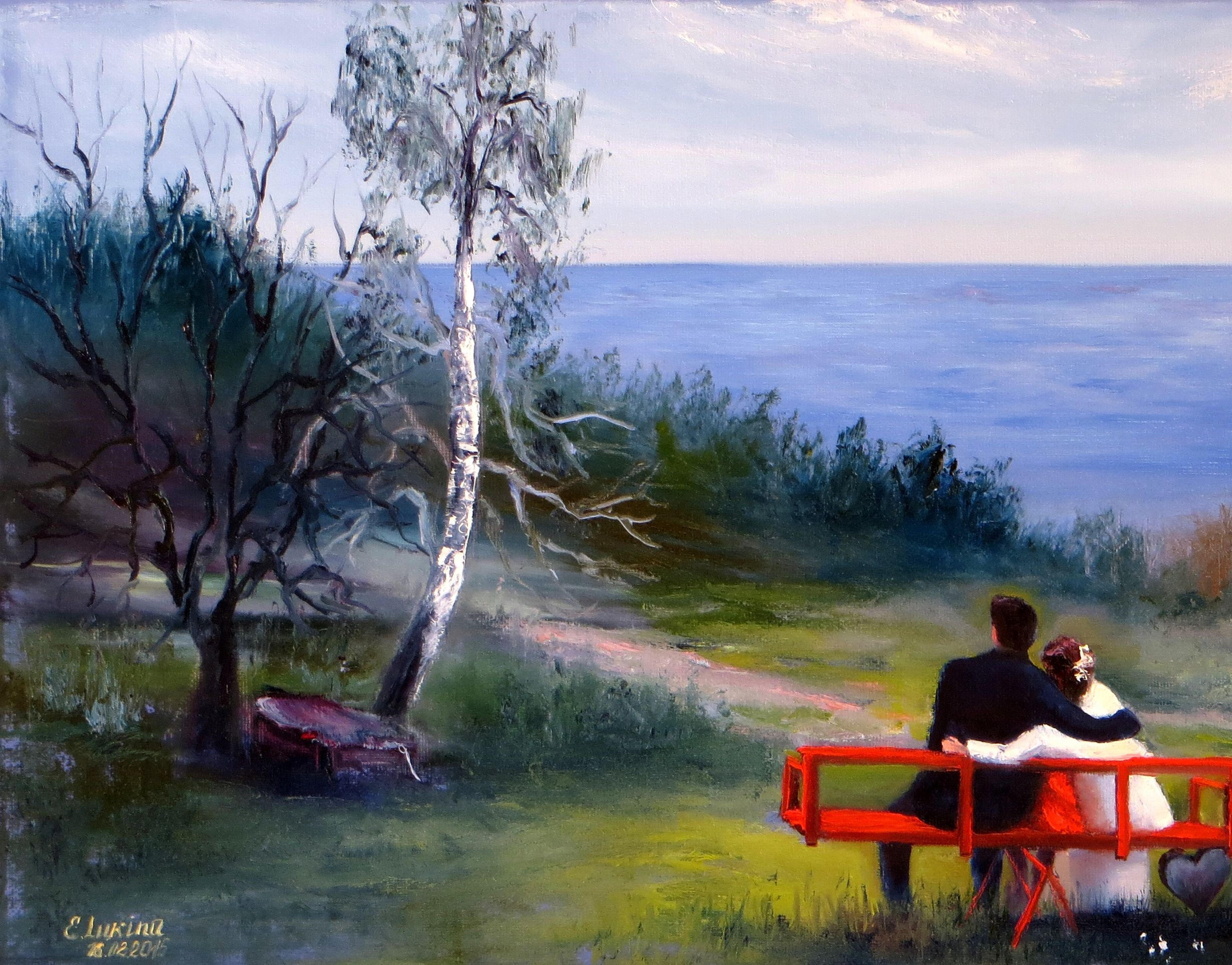 L'équilibre de l'amour. 30X60 huile. - Expressionniste Painting par Elena Lukina