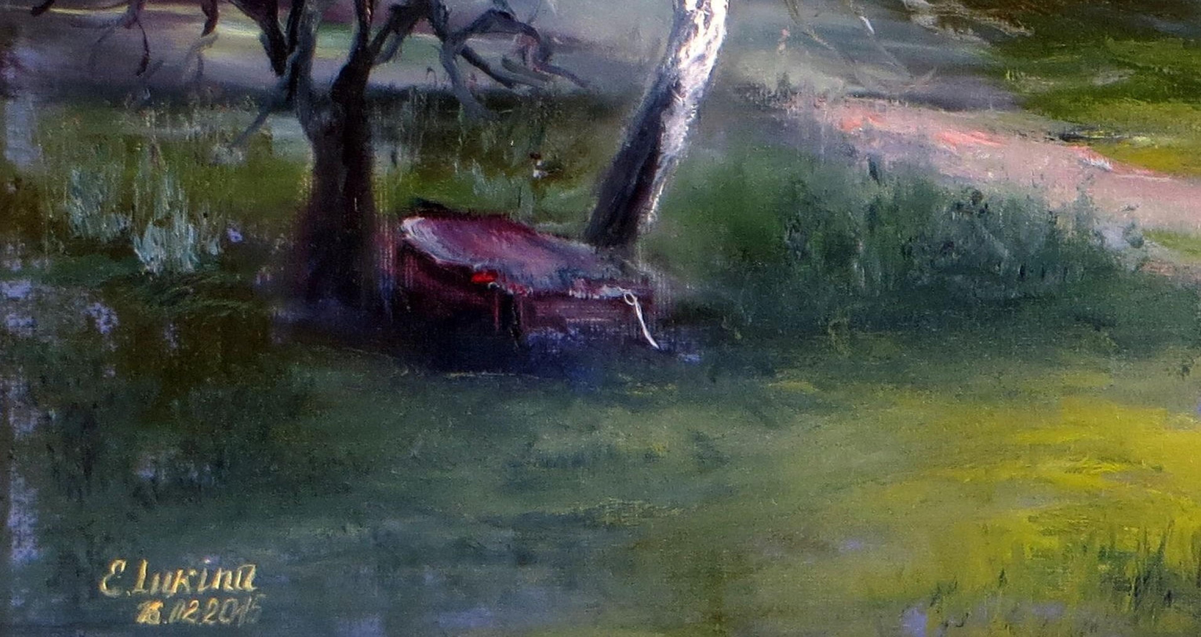 Dans cette peinture à l'huile, j'ai passionnément mêlé expressionnisme et réalisme pour évoquer l'harmonie intime partagée entre deux âmes dans l'étreinte de la nature. Le paysage tranquille et la palette douce et indulgente reflètent la tendre