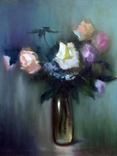 "La risonanza della luce: mazzo di rose" – Dipinto a olio di grandi dimensioni, formato quadrato – 2015