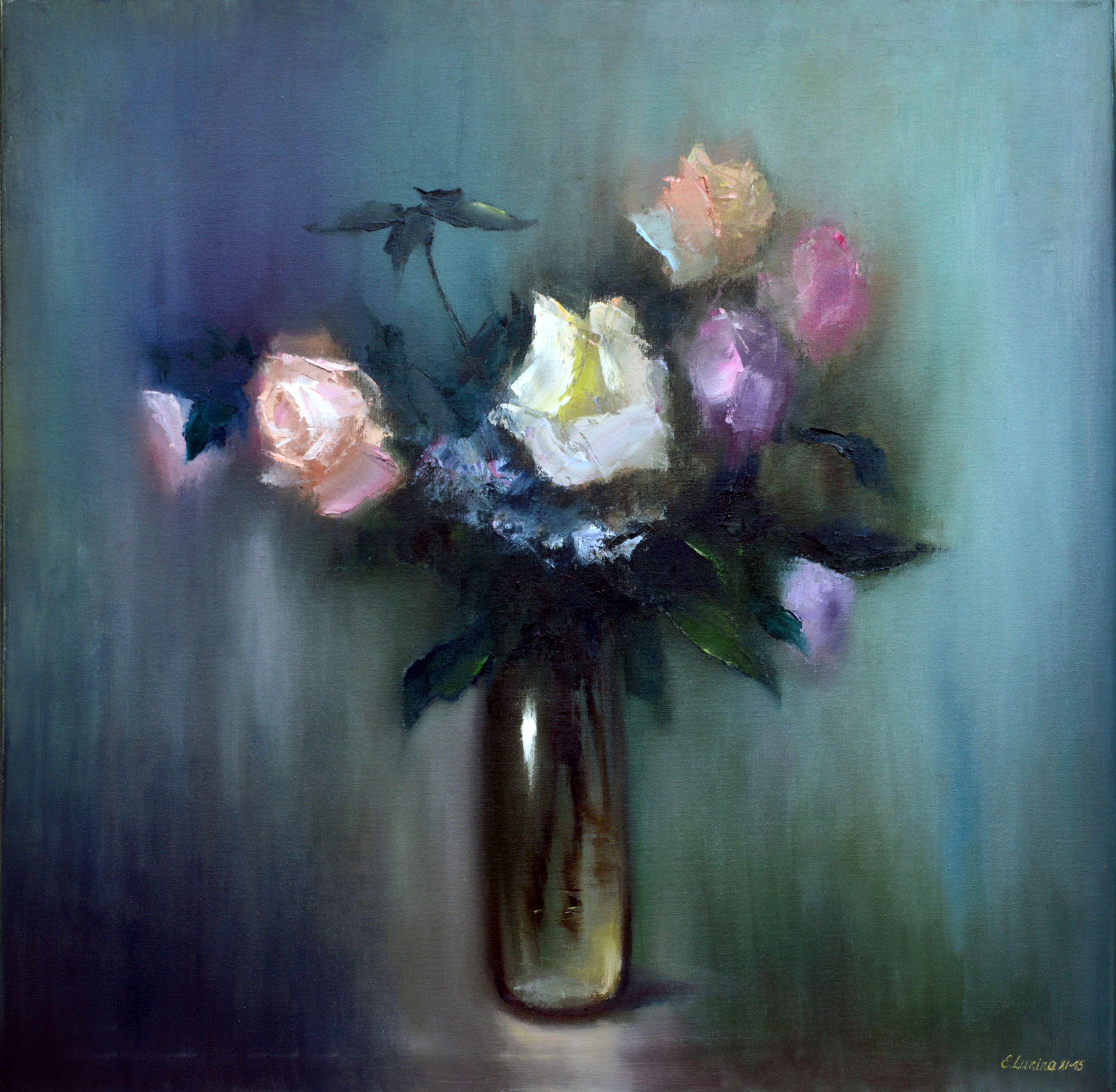 The Resonance of Light: Bouquet of Roses" Large Square Oil Painting – 2015