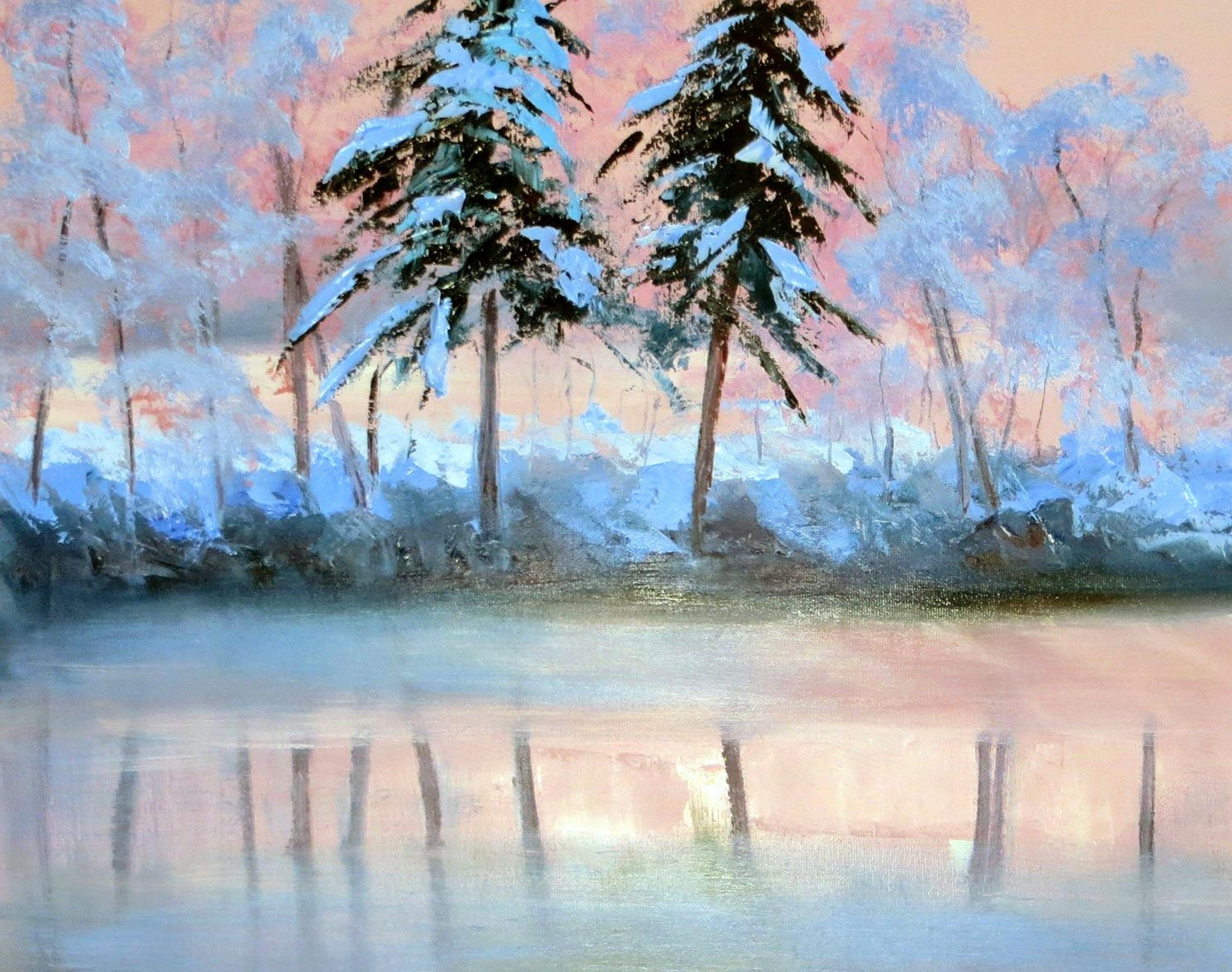 WINTER SALE! The river in winter 50X70 oil painting - Painting by Elena Lukina