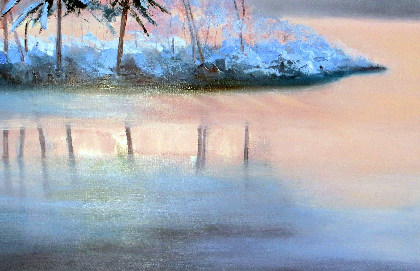 In this piece, I sought to capture the serene stillness of winter, with oil paints delicately layered to create a landscape that invites reflection. The gentle pinks and cool blues mingle with a silvery glow, evoking the quiet beauty of a chilly