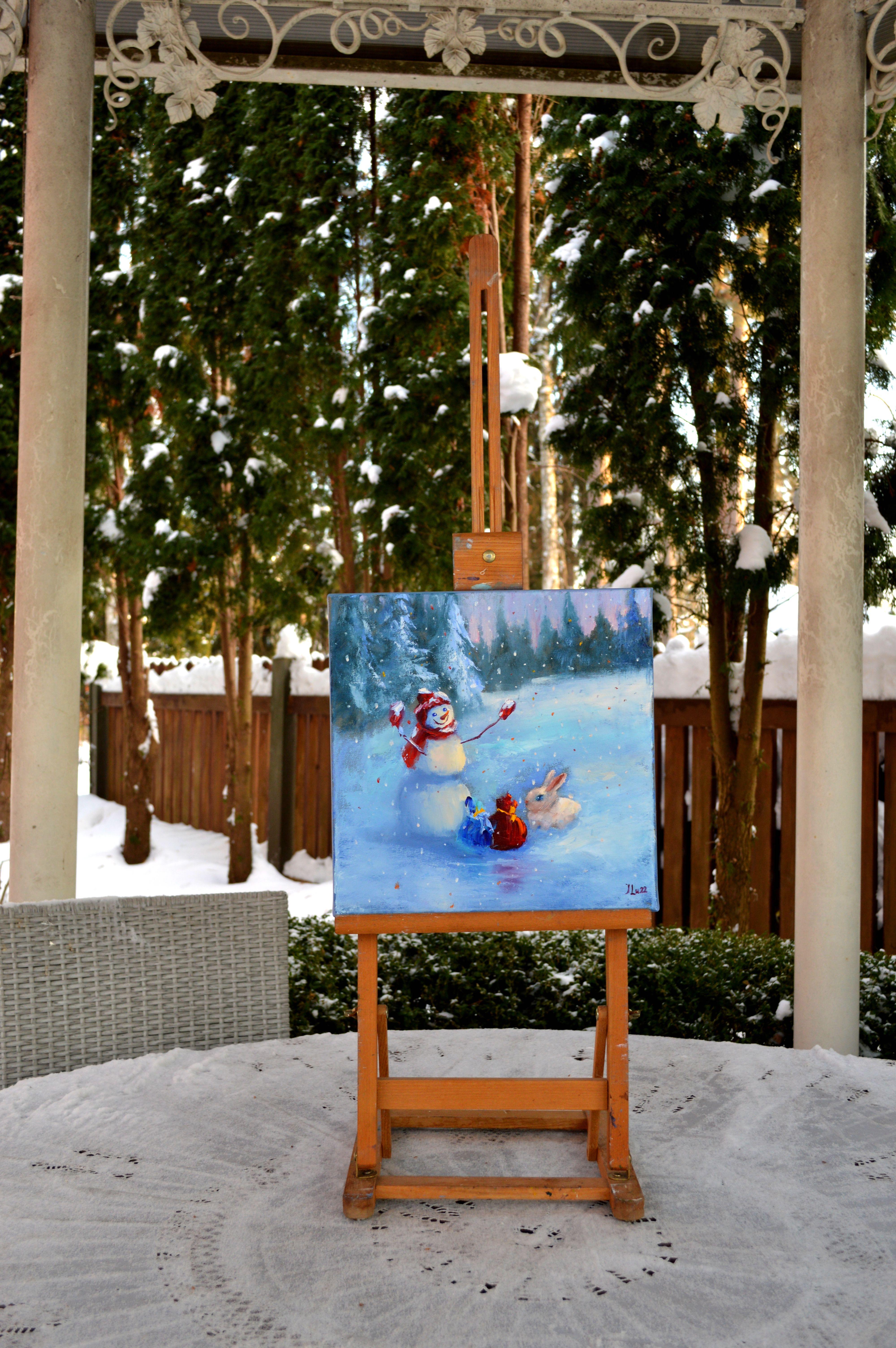 Le bonhomme de neige et le lapin distribuent des cadeaux à tout le monde - Painting de Elena Lukina