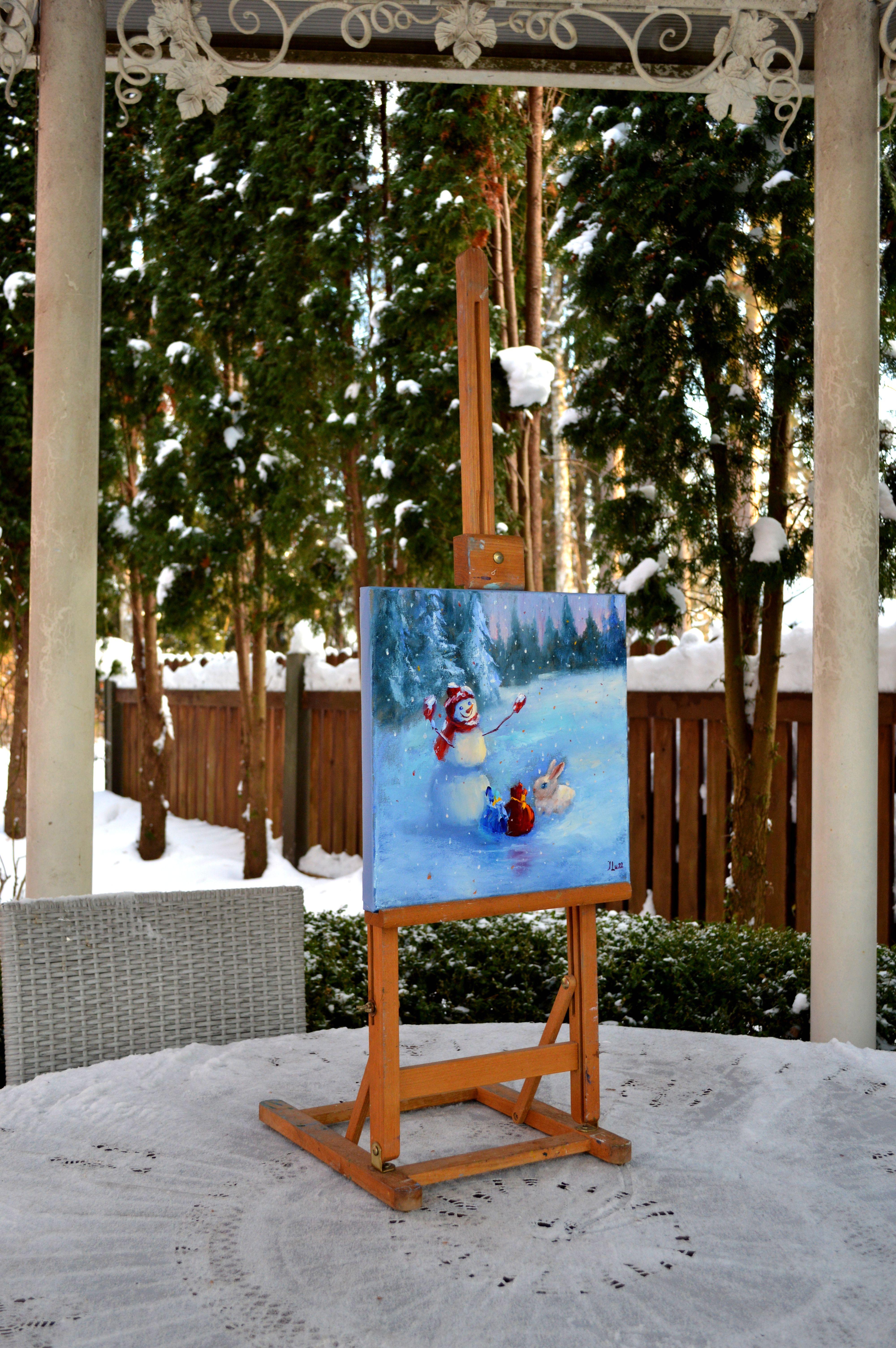 Le bonhomme de neige et le lapin distribuent des cadeaux à tout le monde - Expressionniste Painting par Elena Lukina