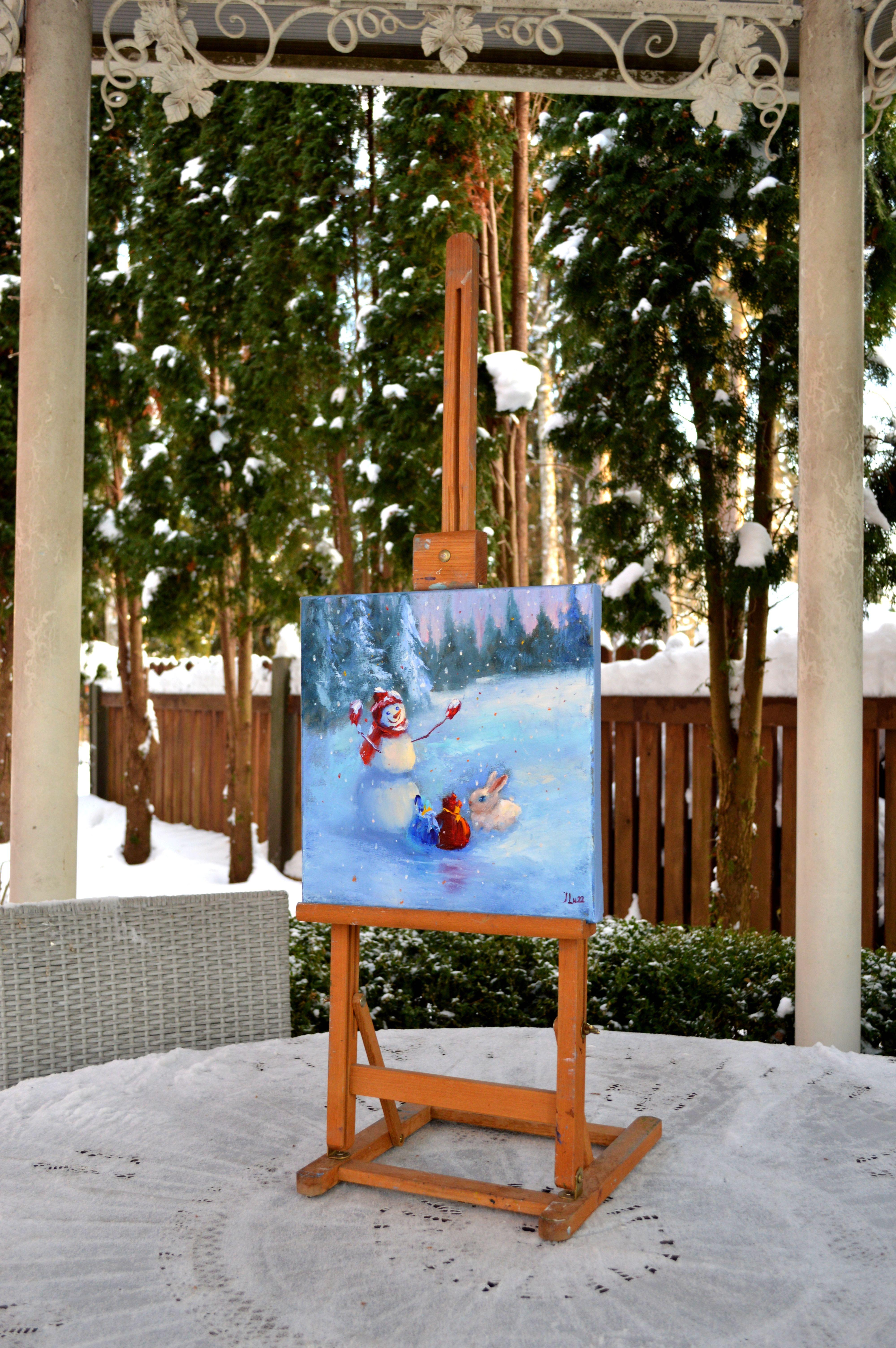 Dans cette peinture à l'huile, j'ai cherché à capturer l'essence de la joie et l'esprit de don. Le bonhomme de neige, avec son large sourire et ses bras ouverts, représente la chaleur de la fête dans un contexte froid. A côté, un gentil lapin