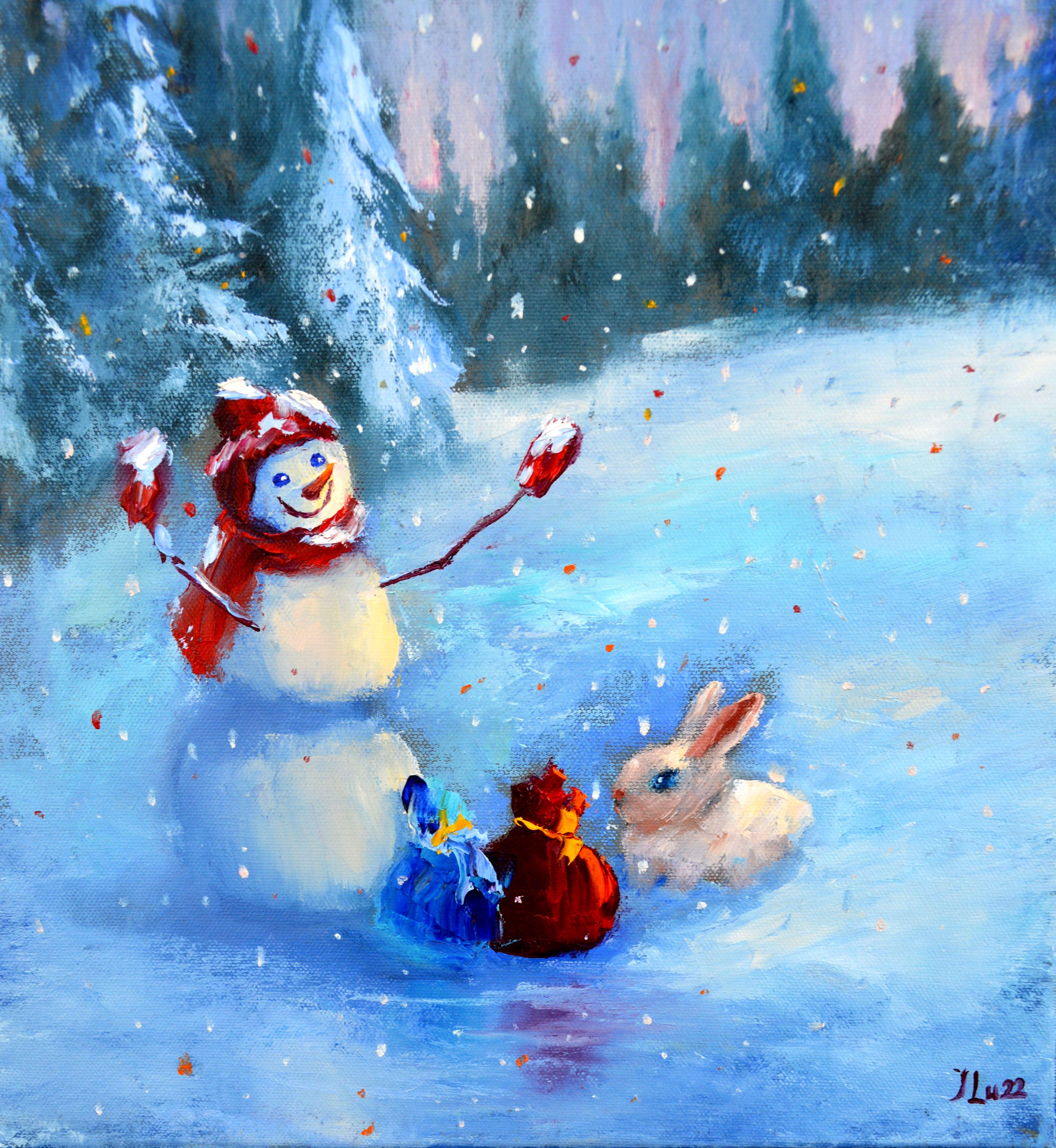 Landscape Painting Elena Lukina - Le bonhomme de neige et le lapin distribuent des cadeaux à tout le monde
