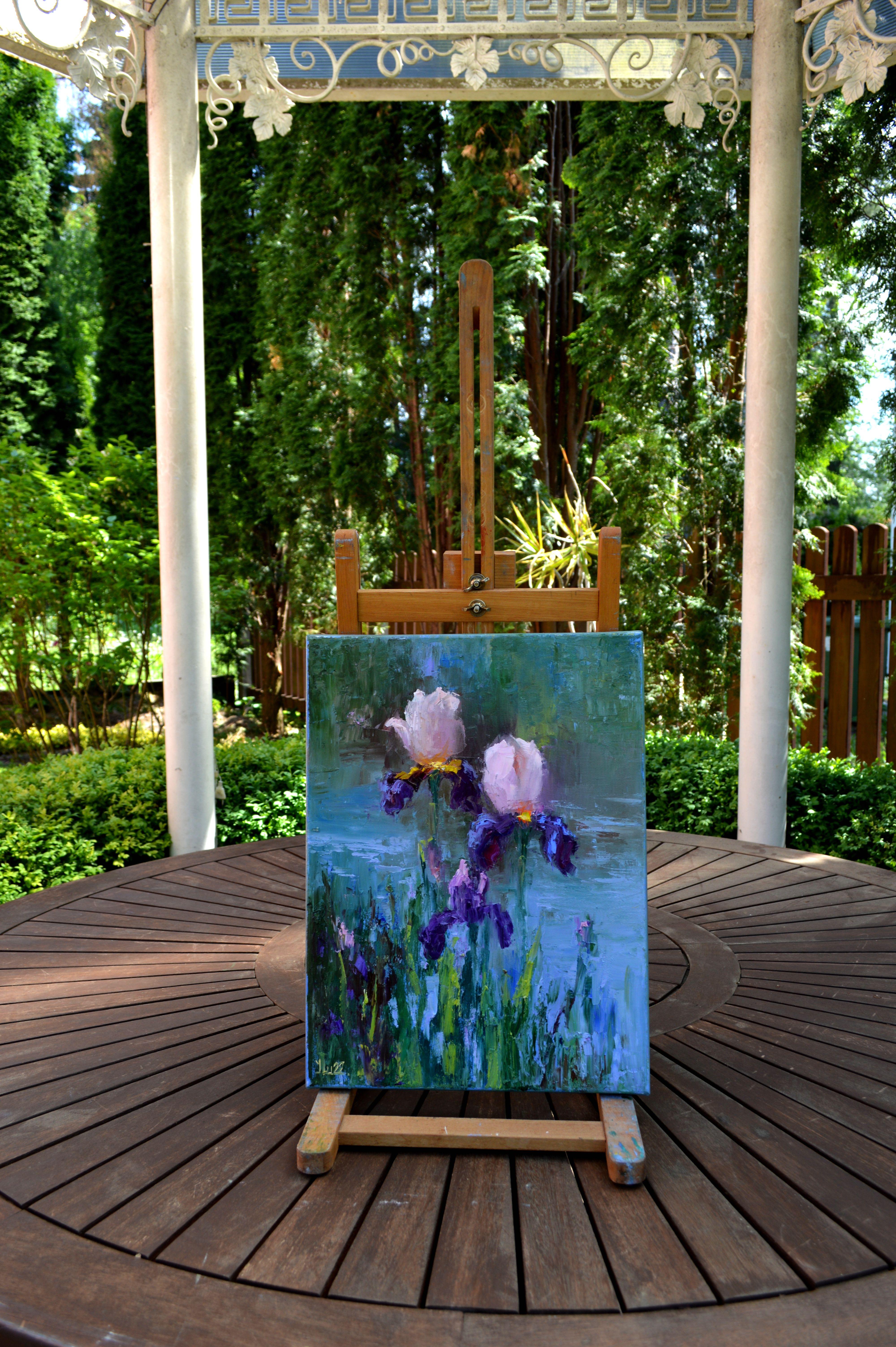 Peinture à l'huile Three Irises by the pond 40X30 en vente 6