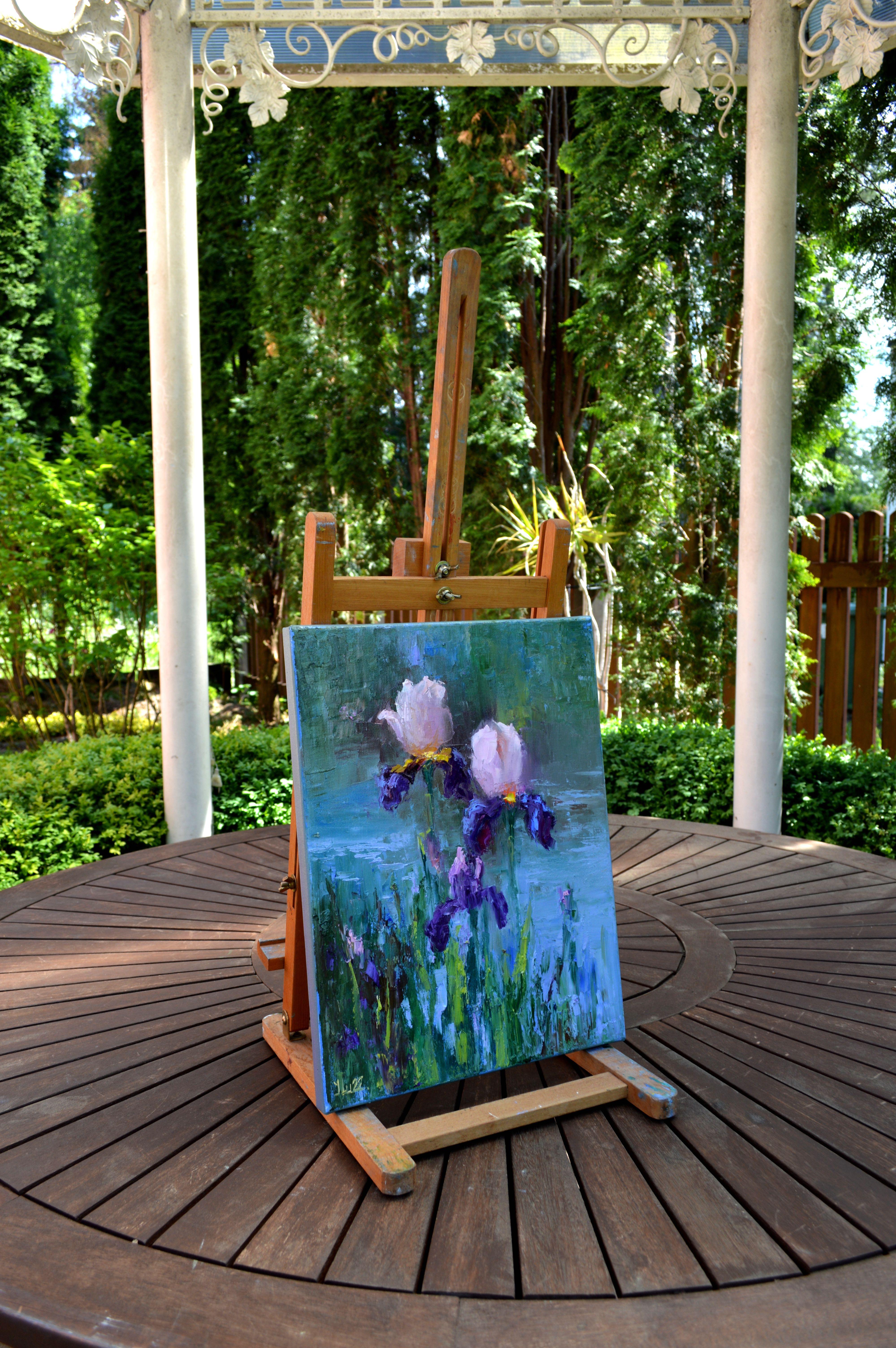 Peinture à l'huile Three Irises by the pond 40X30 en vente 7
