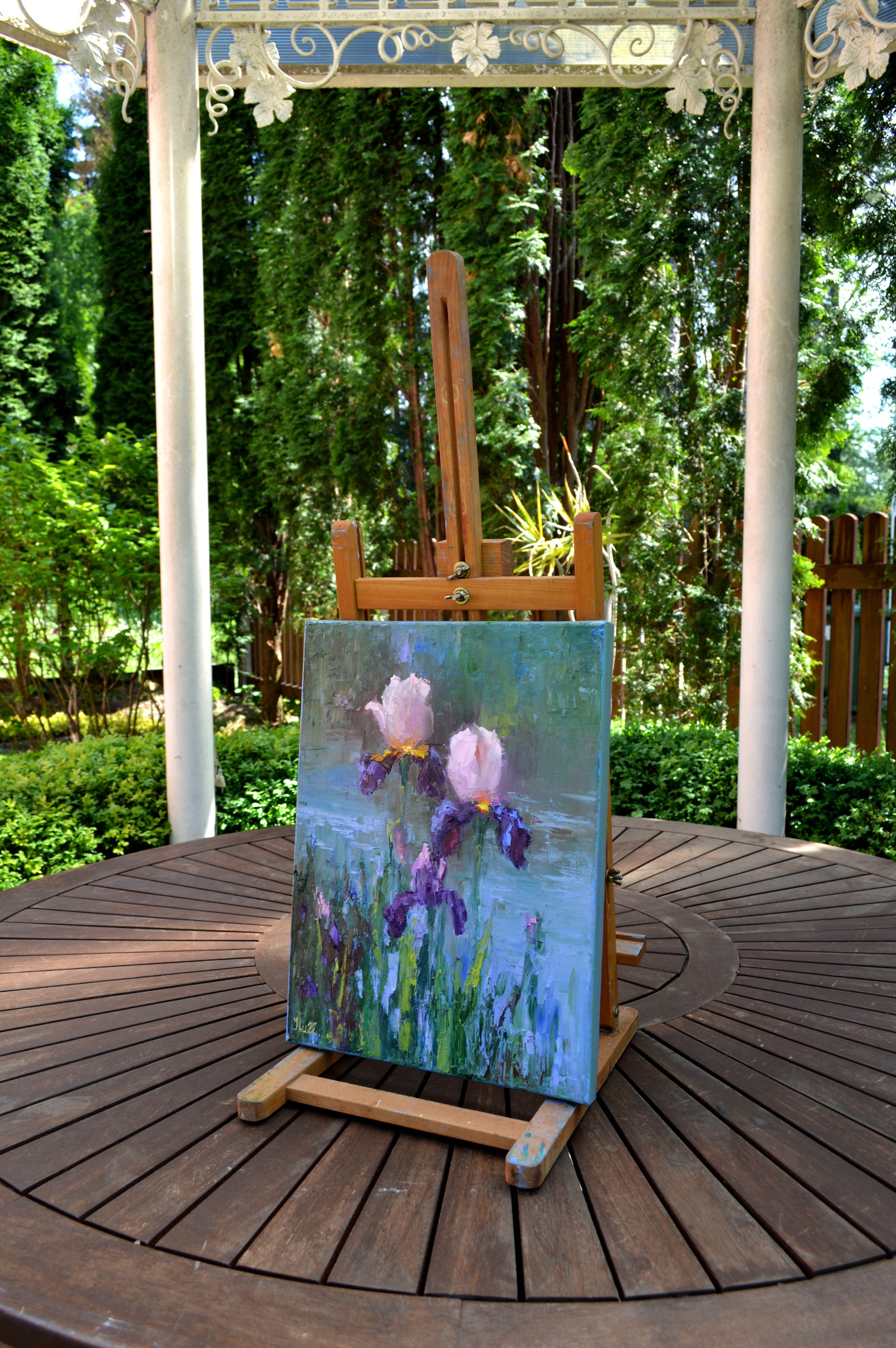 Peinture à l'huile Three Irises by the pond 40X30 en vente 8