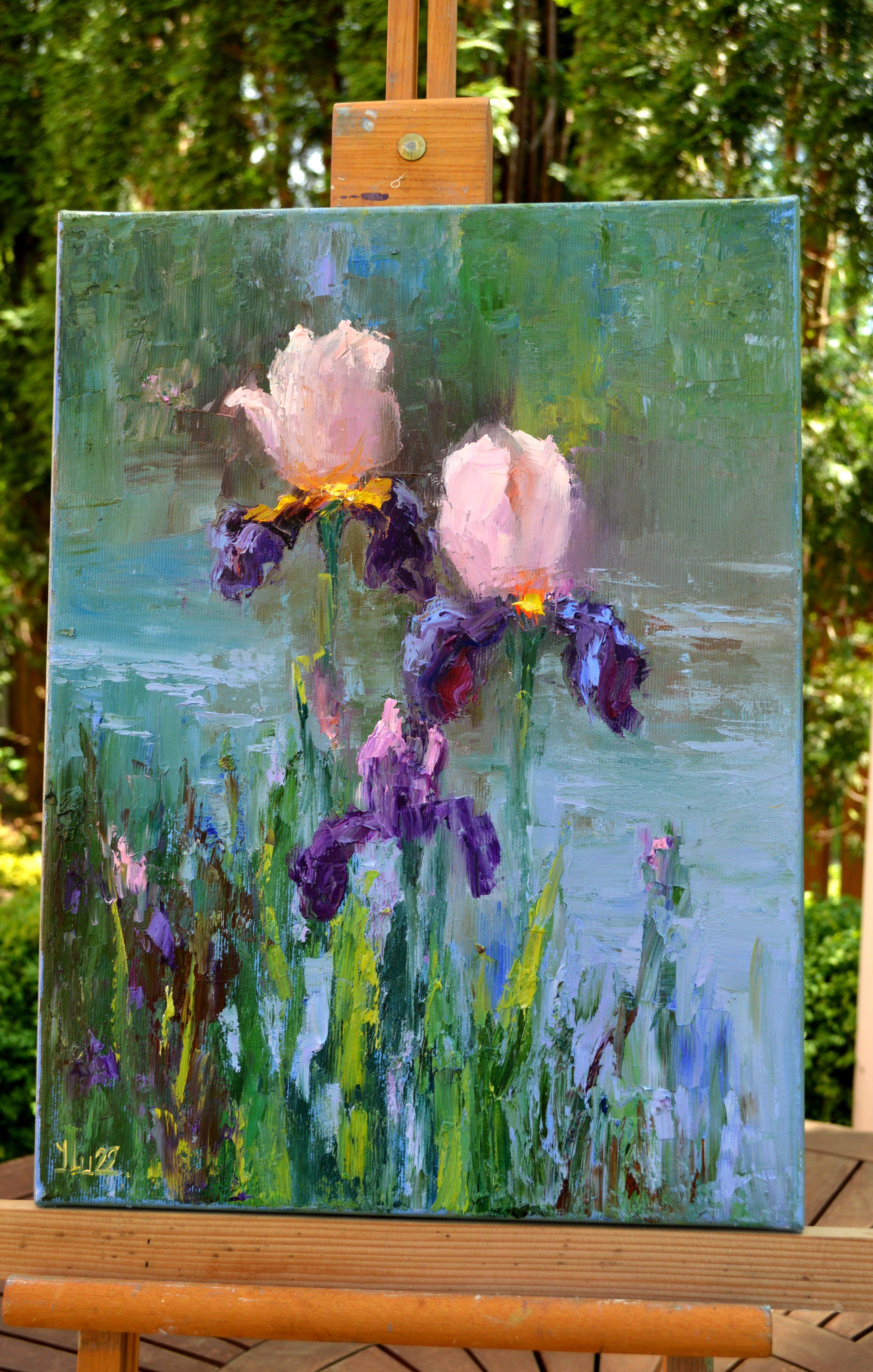 Peinture à l'huile Three Irises by the pond 40X30 en vente 9