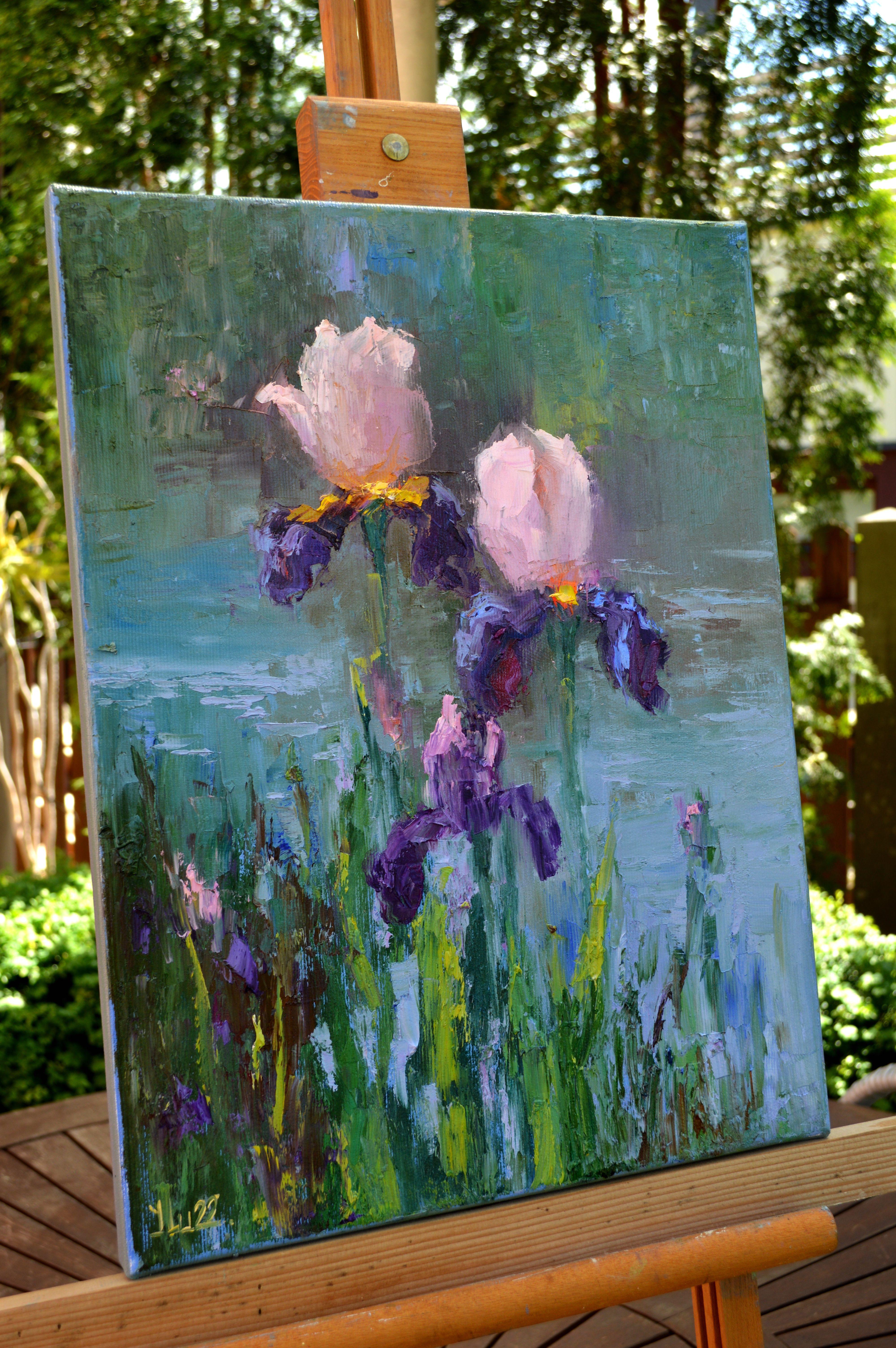 Peinture à l'huile Three Irises by the pond 40X30 en vente 10