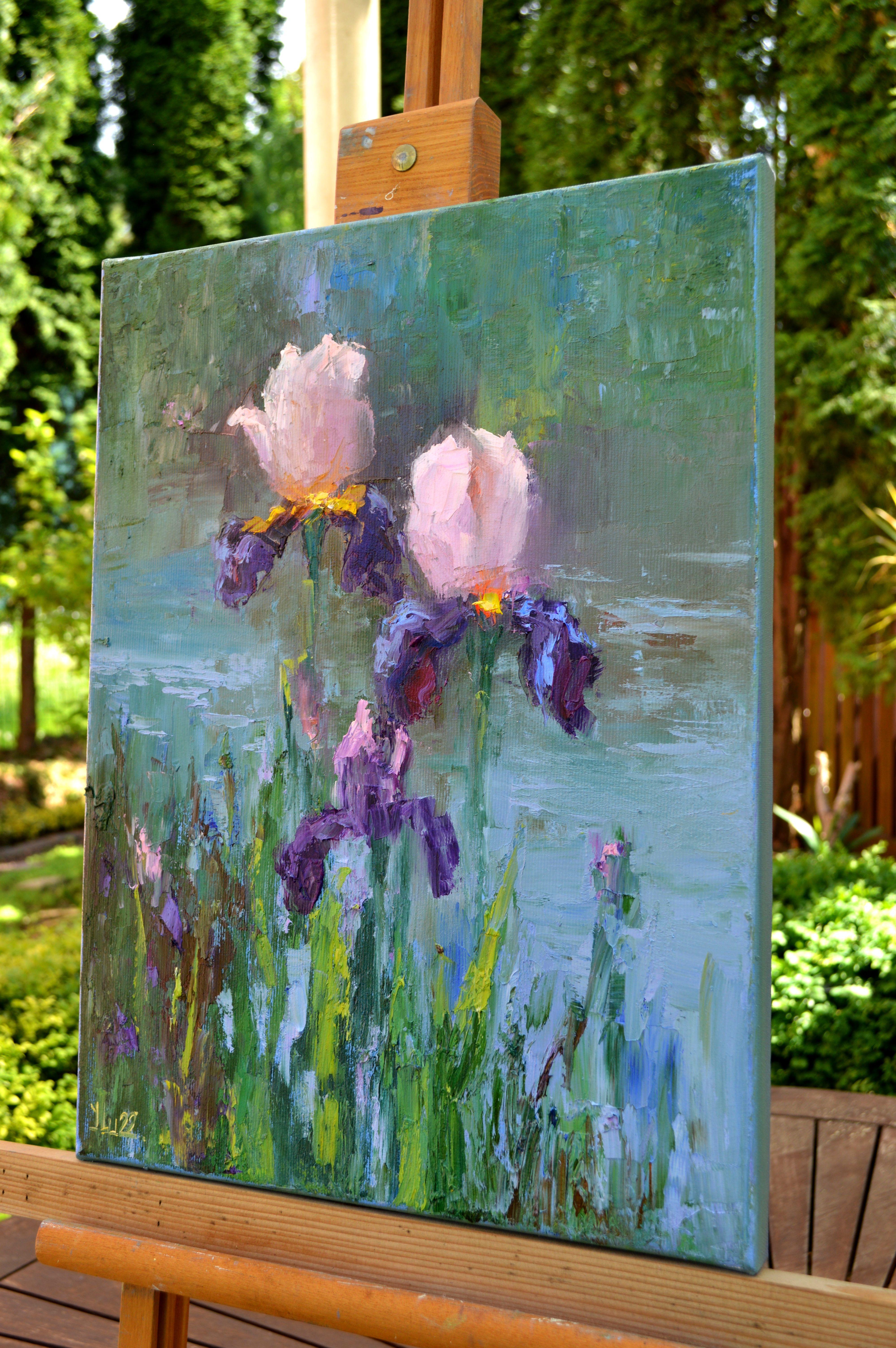 Peinture à l'huile Three Irises by the pond 40X30 en vente 11