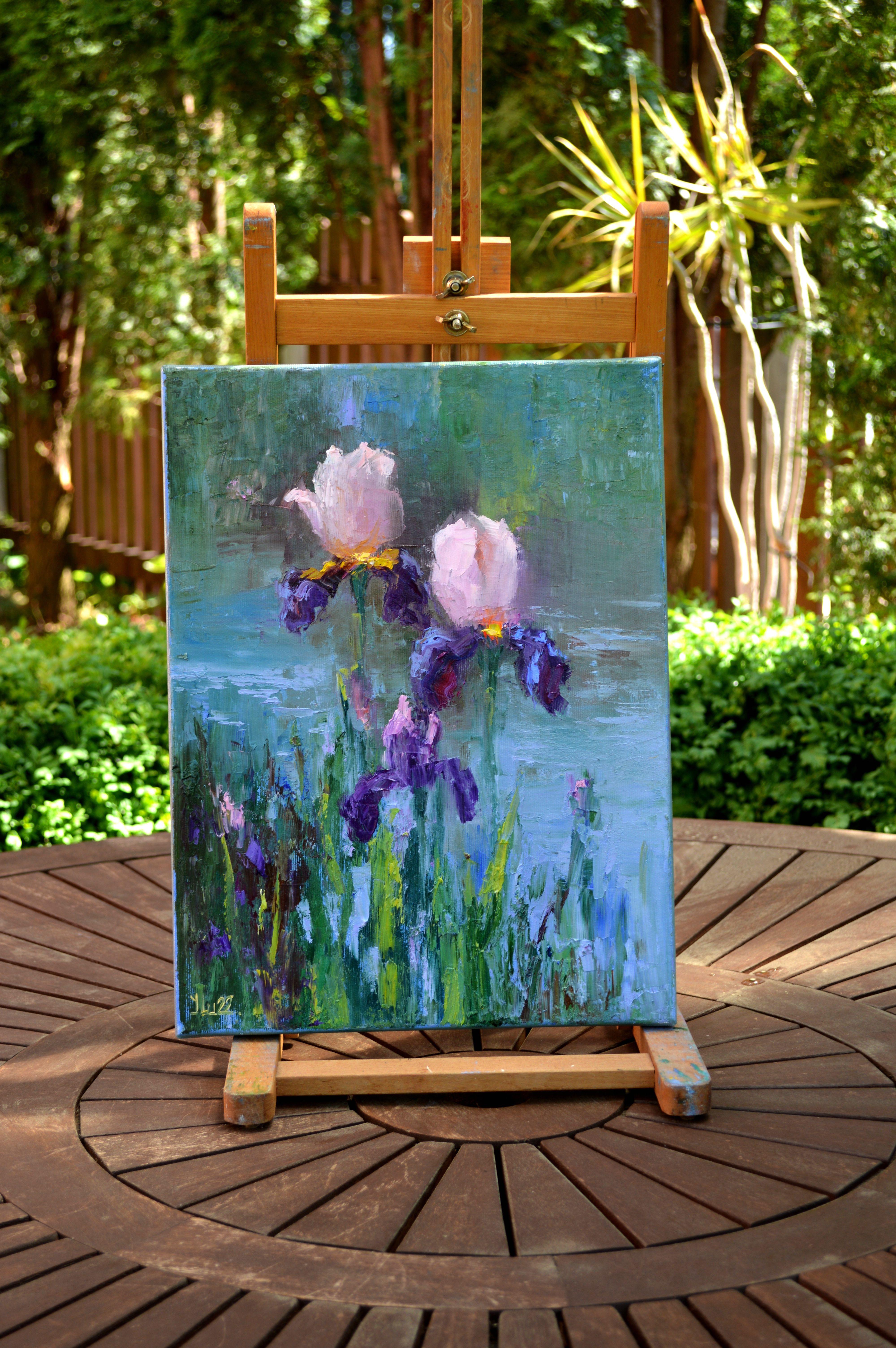 Peinture à l'huile Three Irises by the pond 40X30 en vente 13