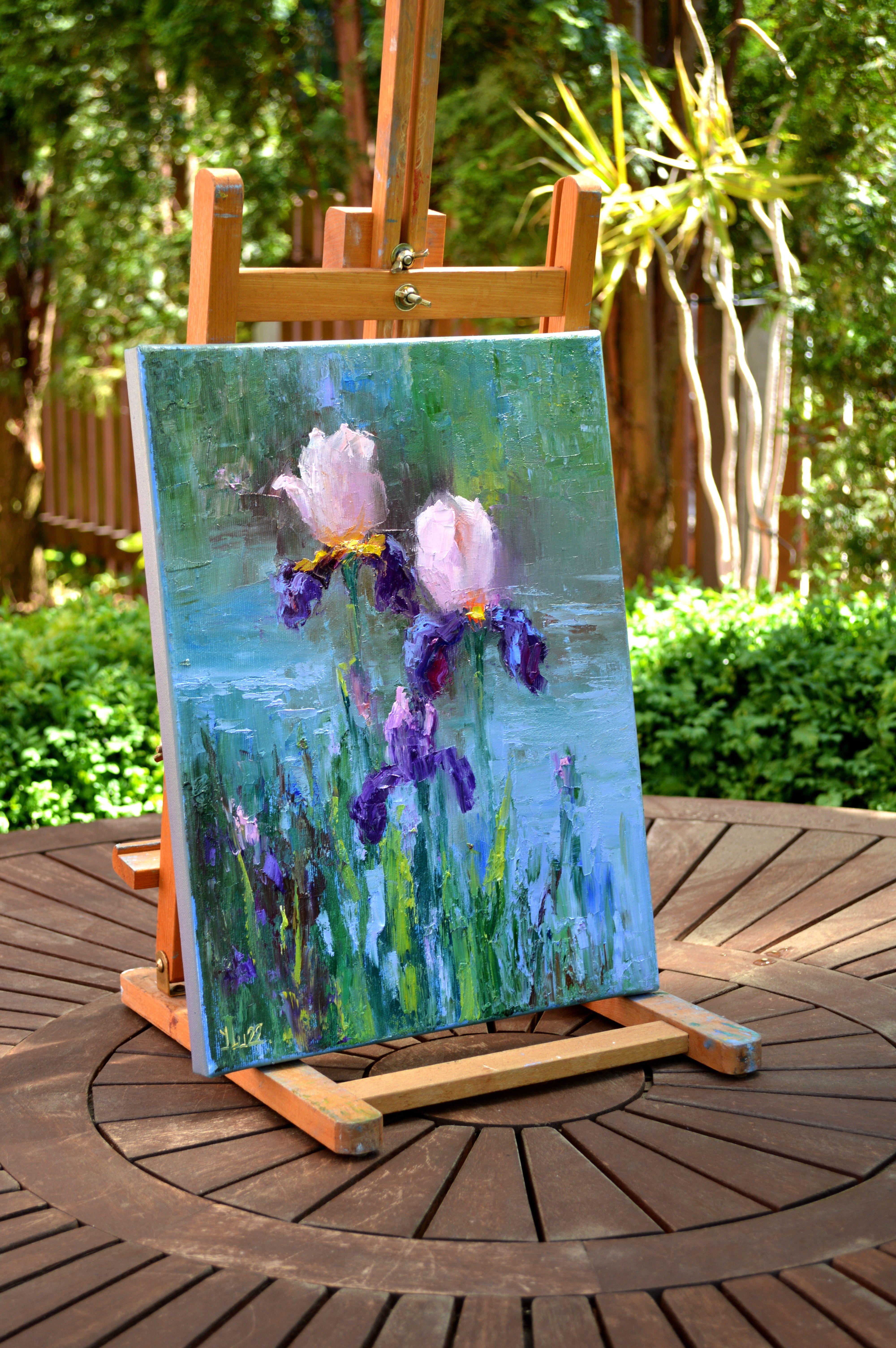Peinture à l'huile Three Irises by the pond 40X30 en vente 14